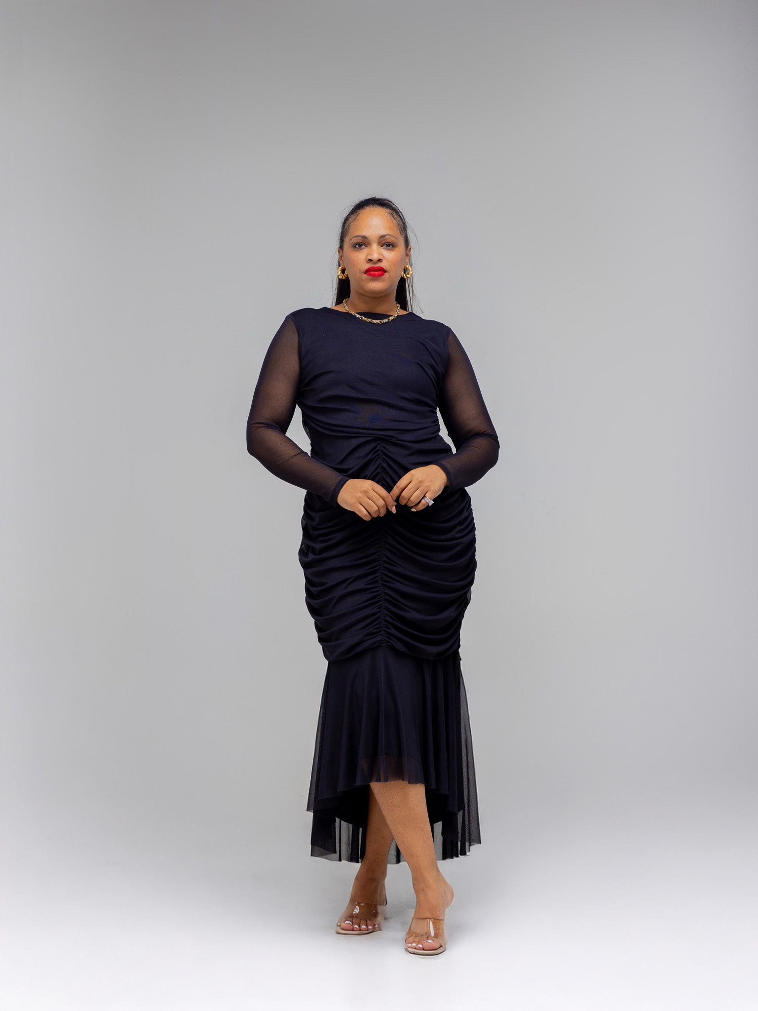 Black Aurora Ruched Mesh Dress – Body-Shaping Elegant Occasion Dress | FRIDA