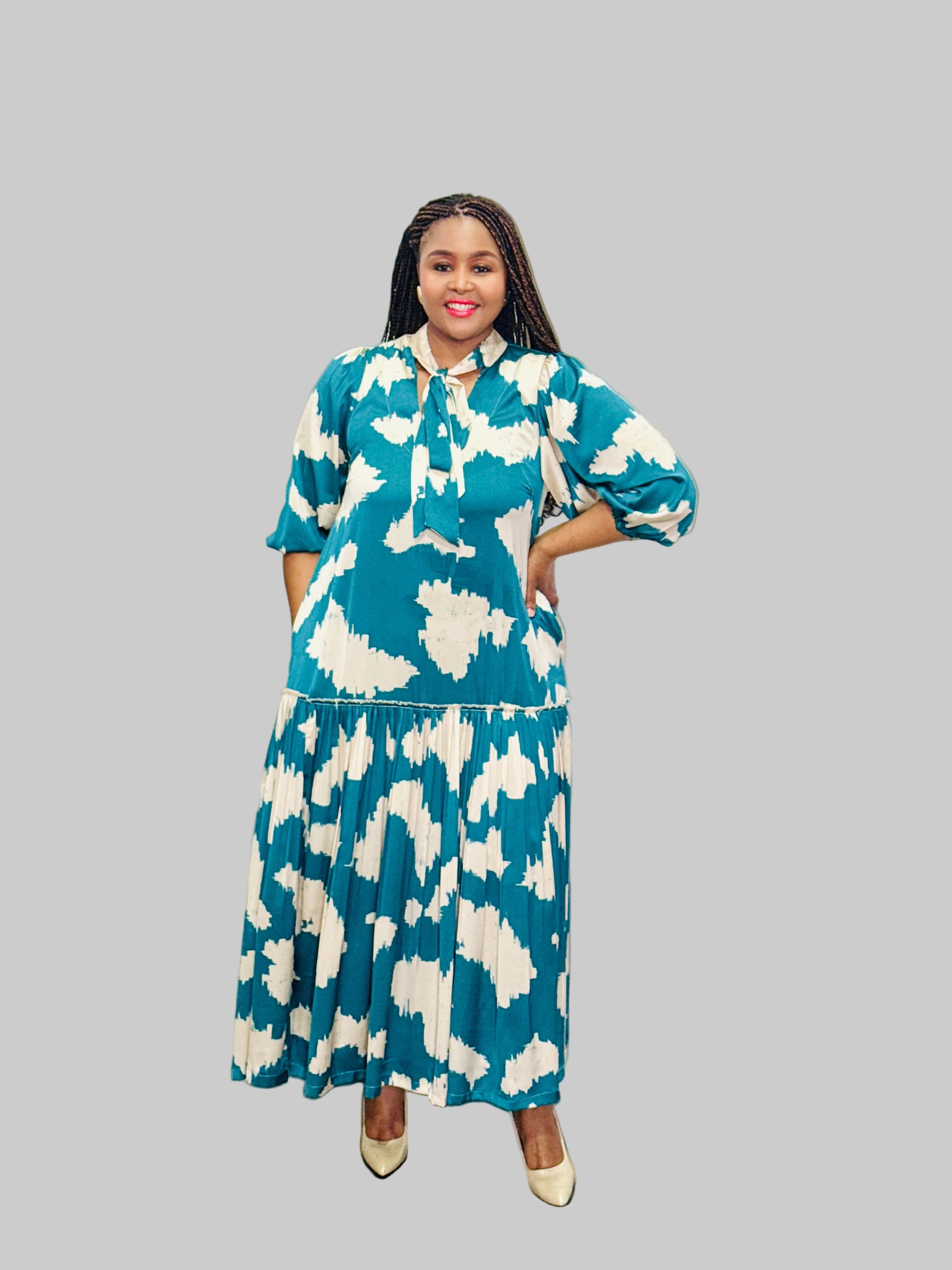 FR1067 CREAM/TEAL MAXI NOLAN DRESS