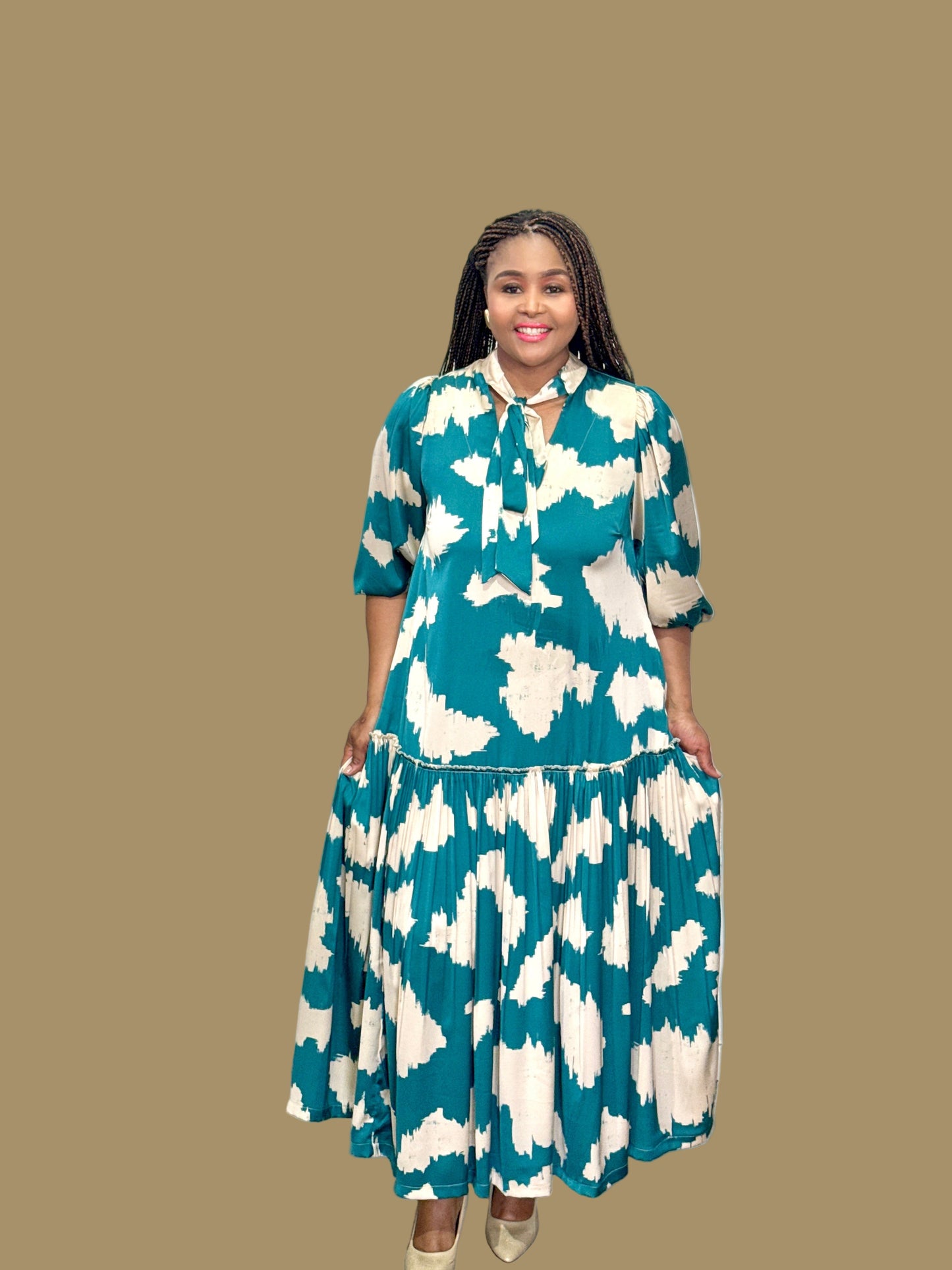 FR1067 CREAM/TEAL MAXI NOLAN DRESS