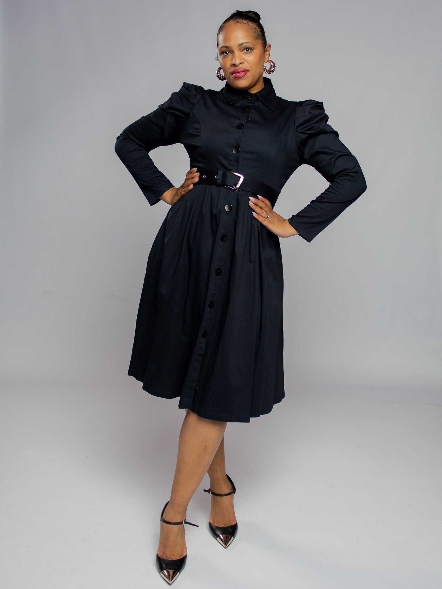 Navy Long Sleeved Pleated Dress FR1159