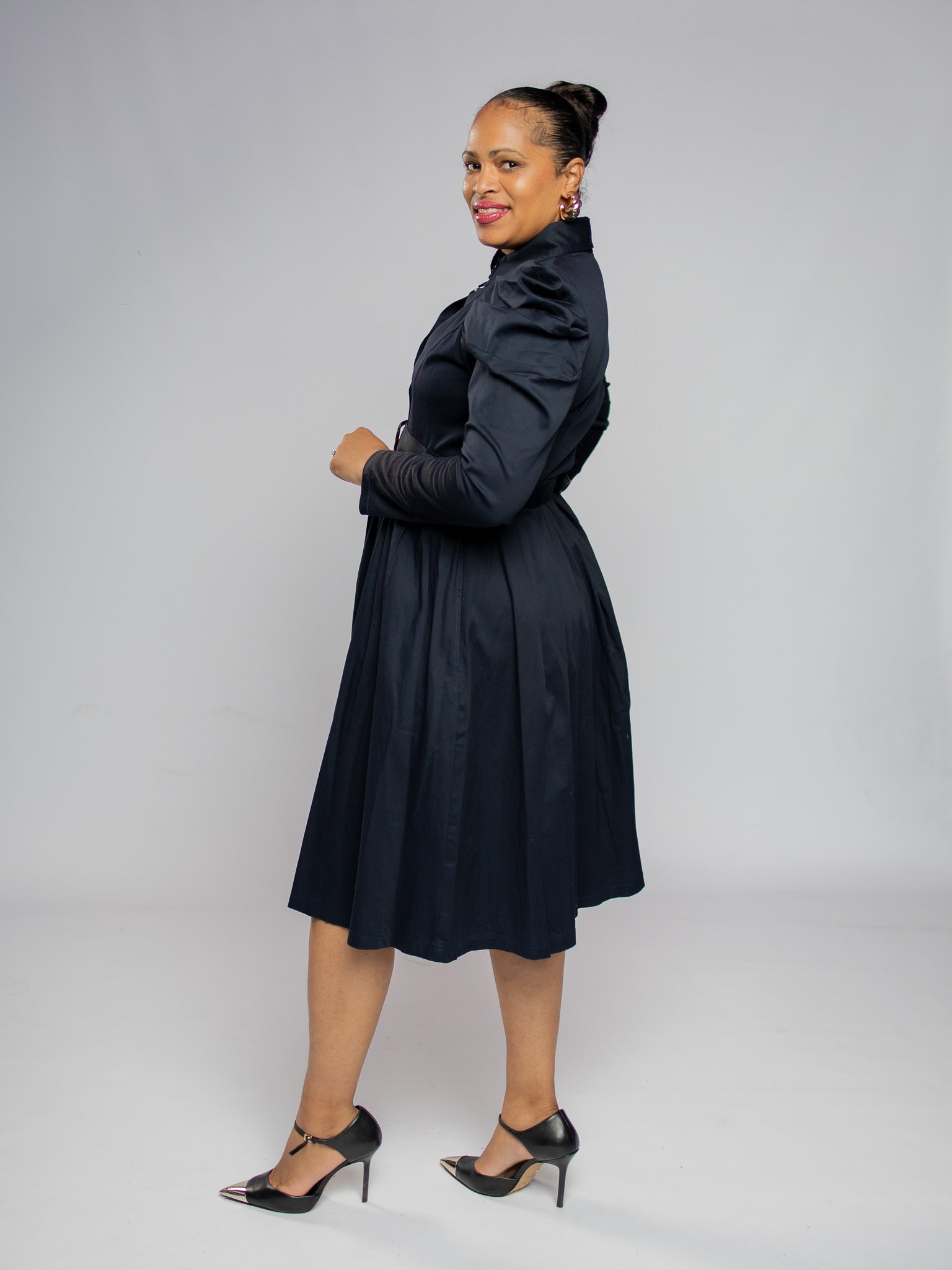 Navy Long Sleeved Pleated Dress FR1159