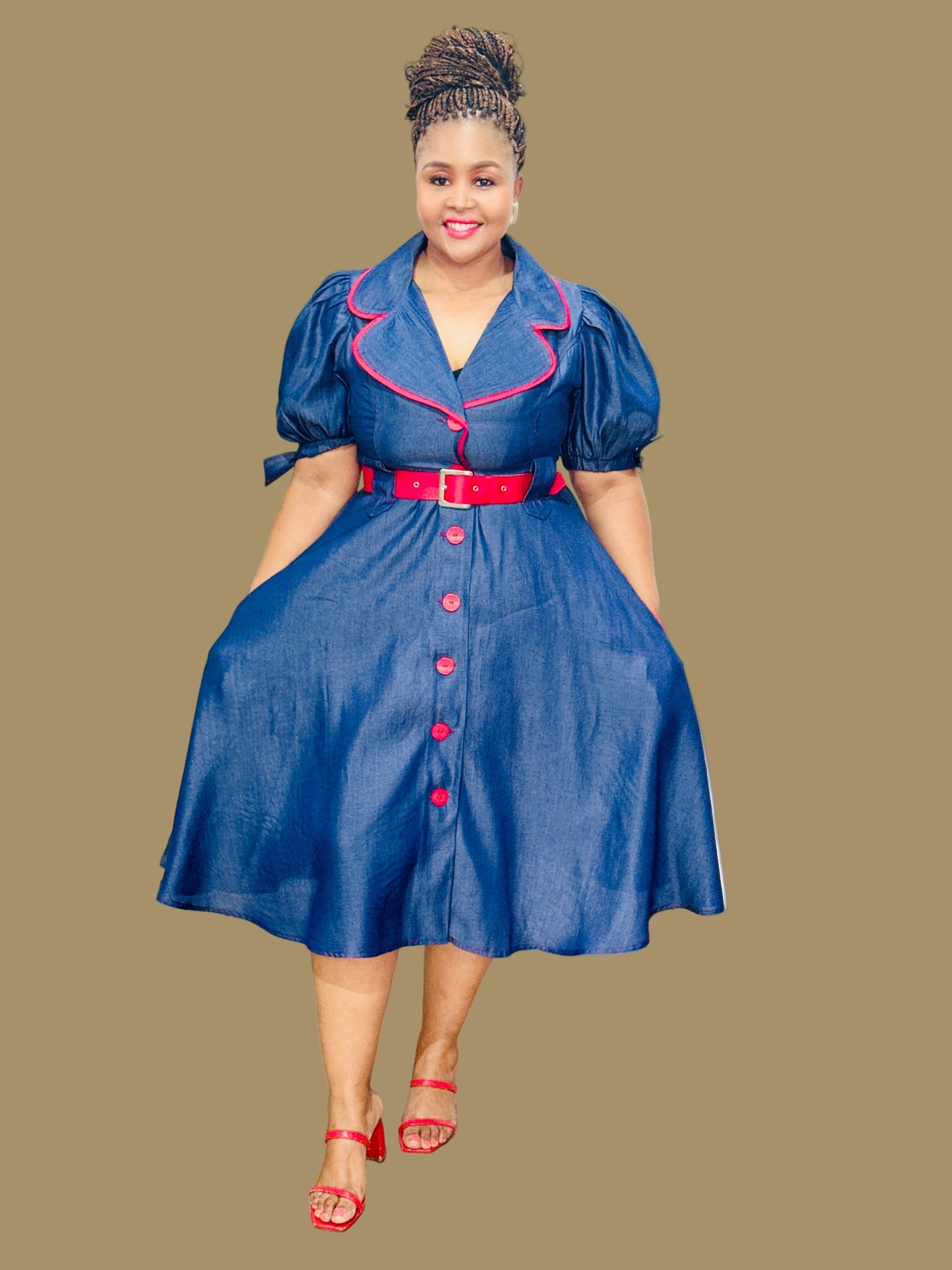 FR1083 NAVY/RED TENCEL DENIM DRESS