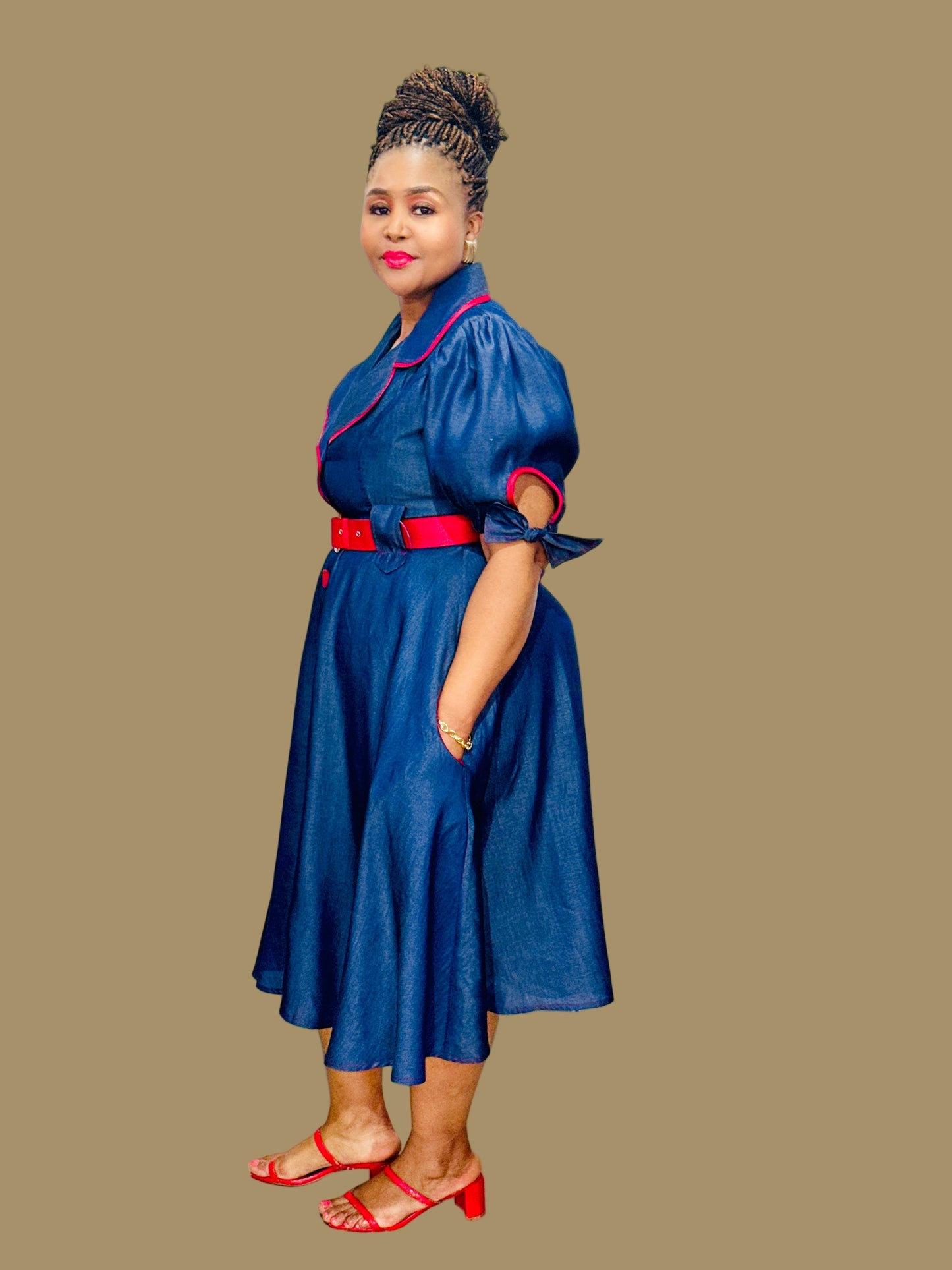 FR1083 NAVY/RED TENCEL DENIM DRESS