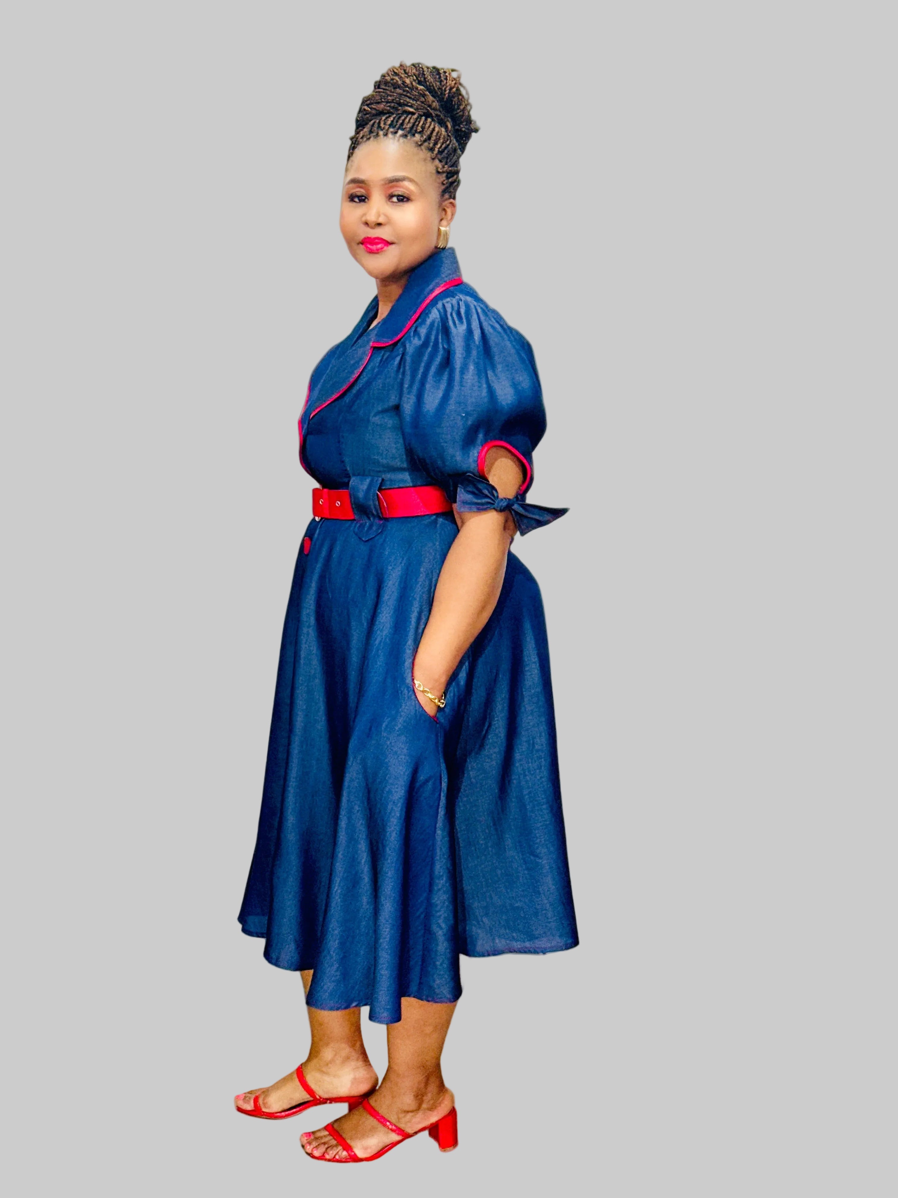 FR1083 NAVY/RED TENCEL DENIM DRESS