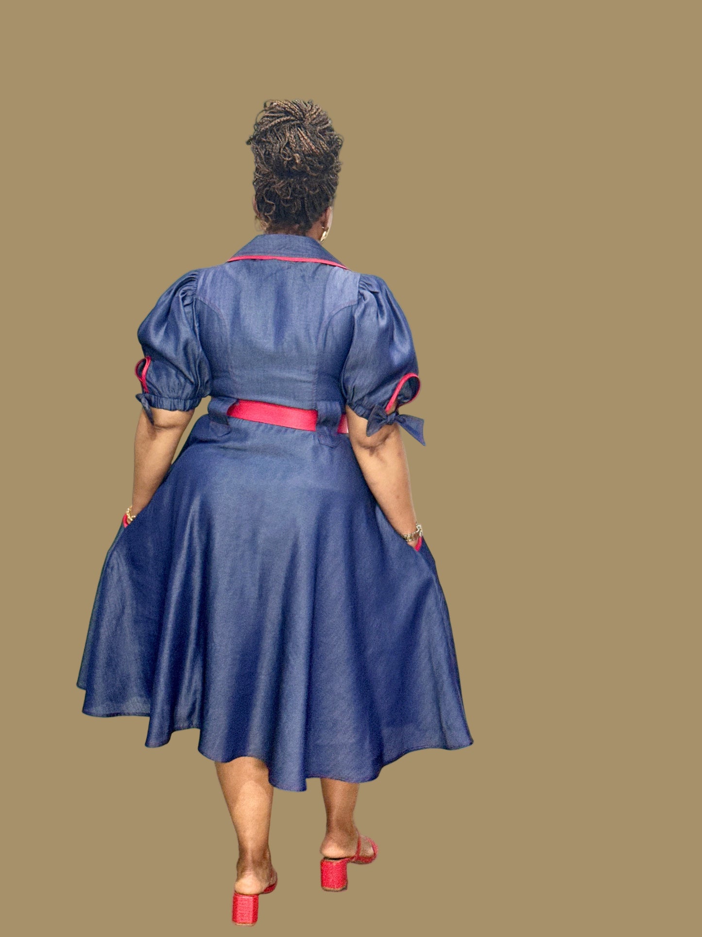 FR1083 NAVY/RED TENCEL DENIM DRESS