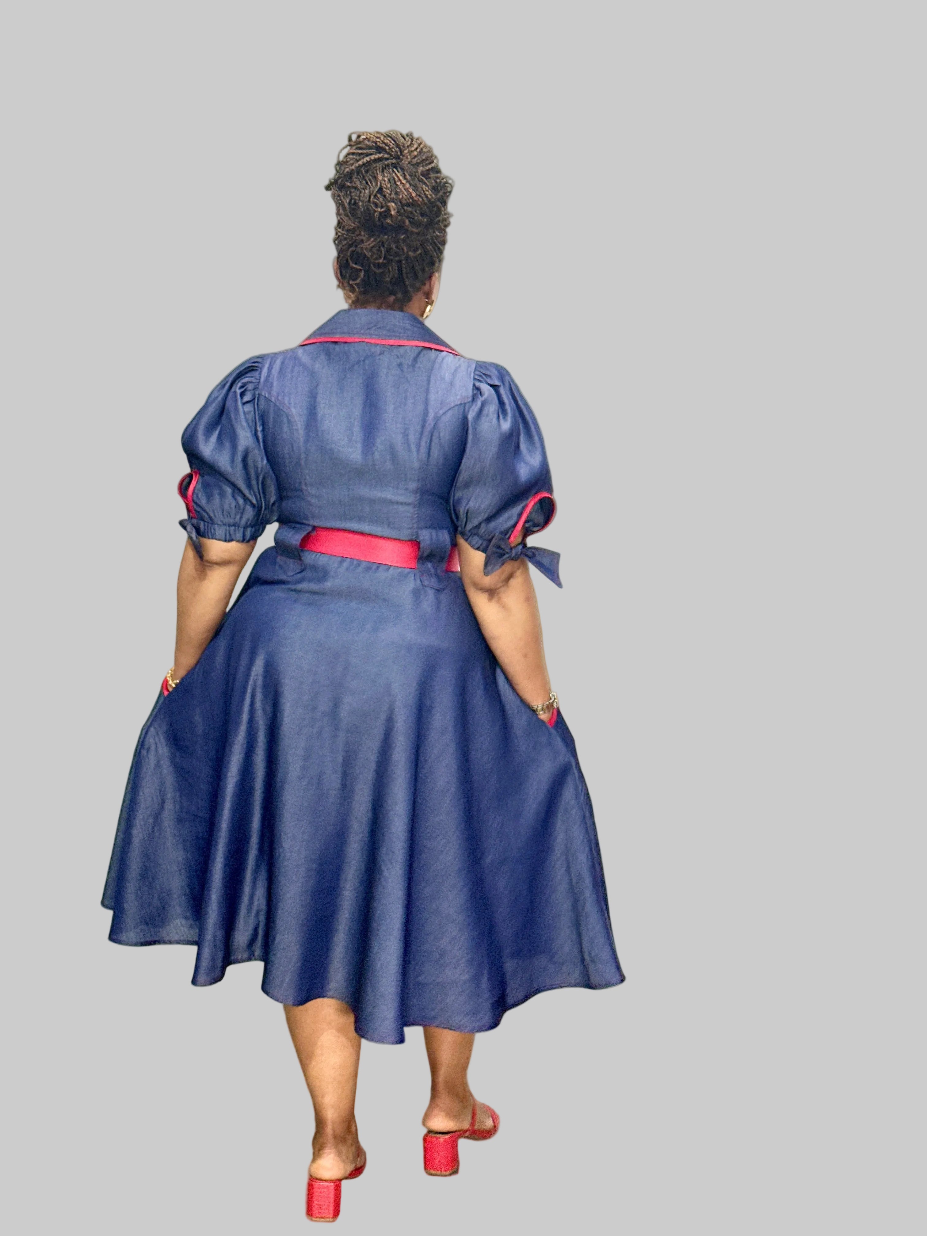 FR1083 NAVY/RED TENCEL DENIM DRESS