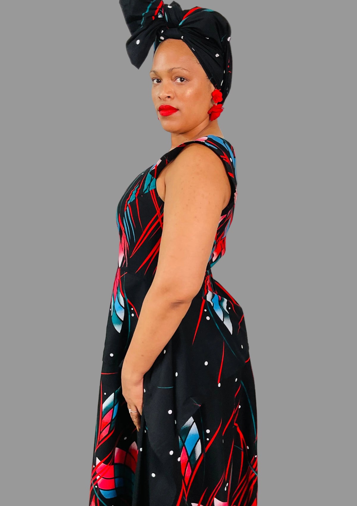 Black/Multicolor Handkeyhem Maxi Ankara Dress FRA107