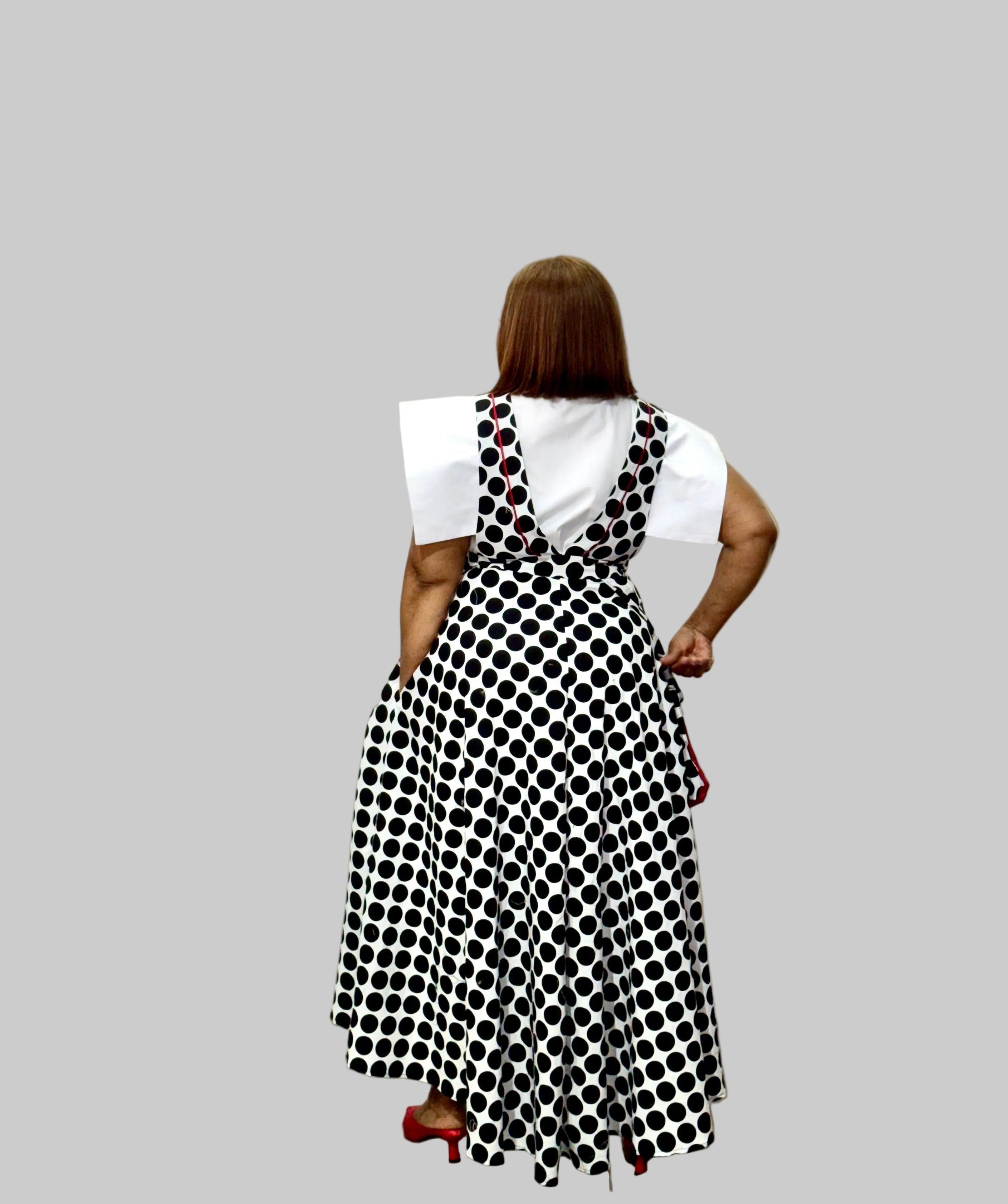FR1092 BLACK/WHITE POLKA DOT DUNGAREE SKIRT