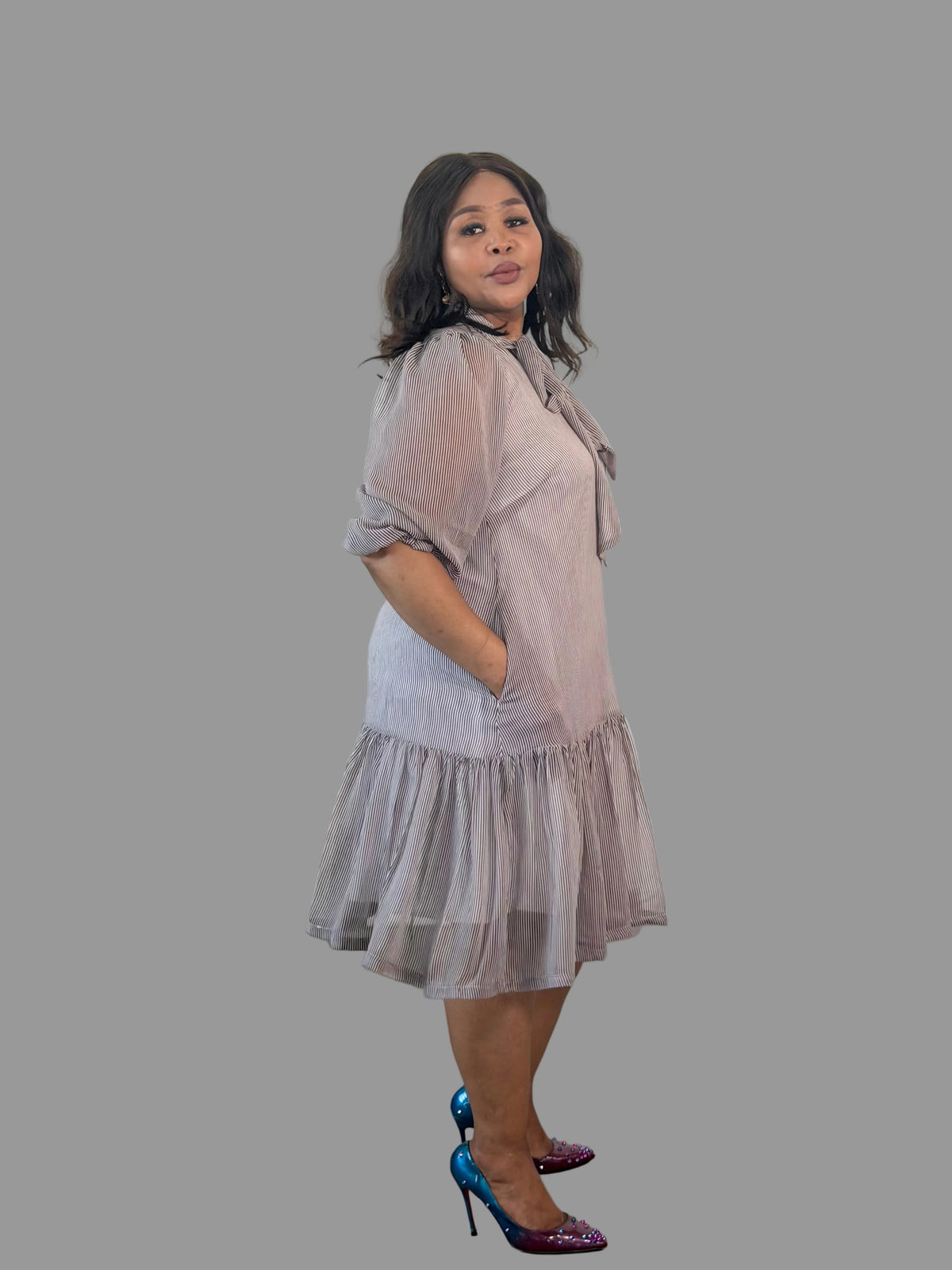 Brown/White Striped Nolan Midi Dress FR1197