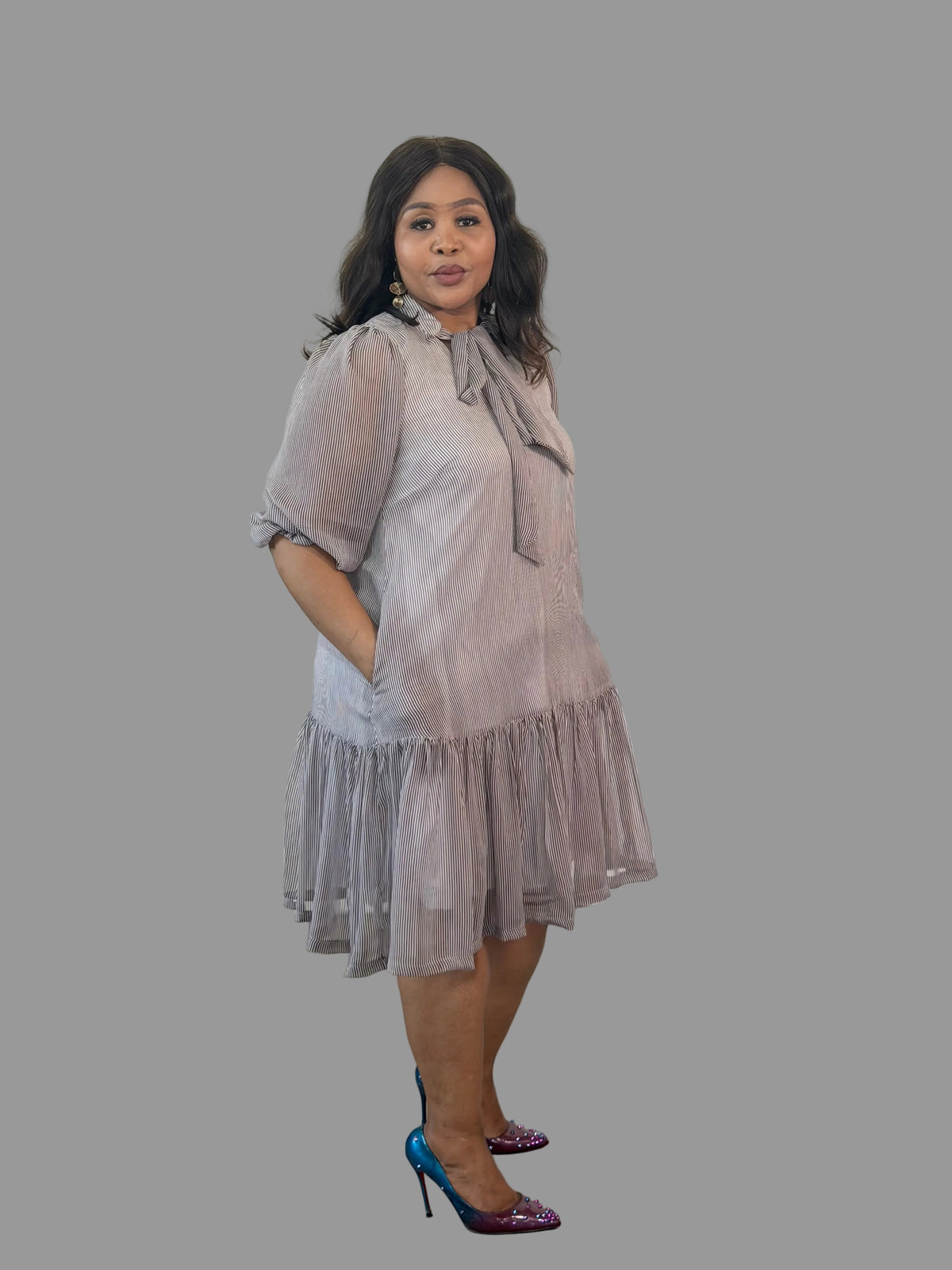 Brown/White Striped Nolan Midi Dress FR1197