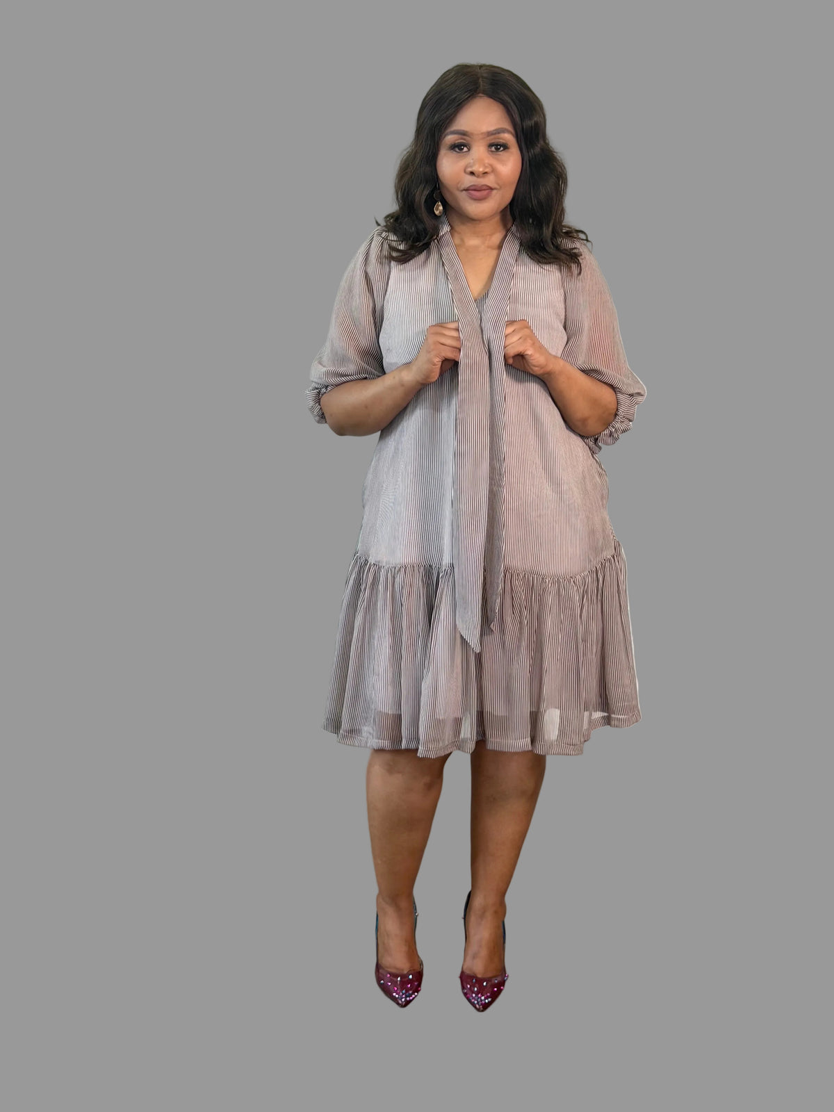 Brown/White Striped Nolan Midi Dress FR1197