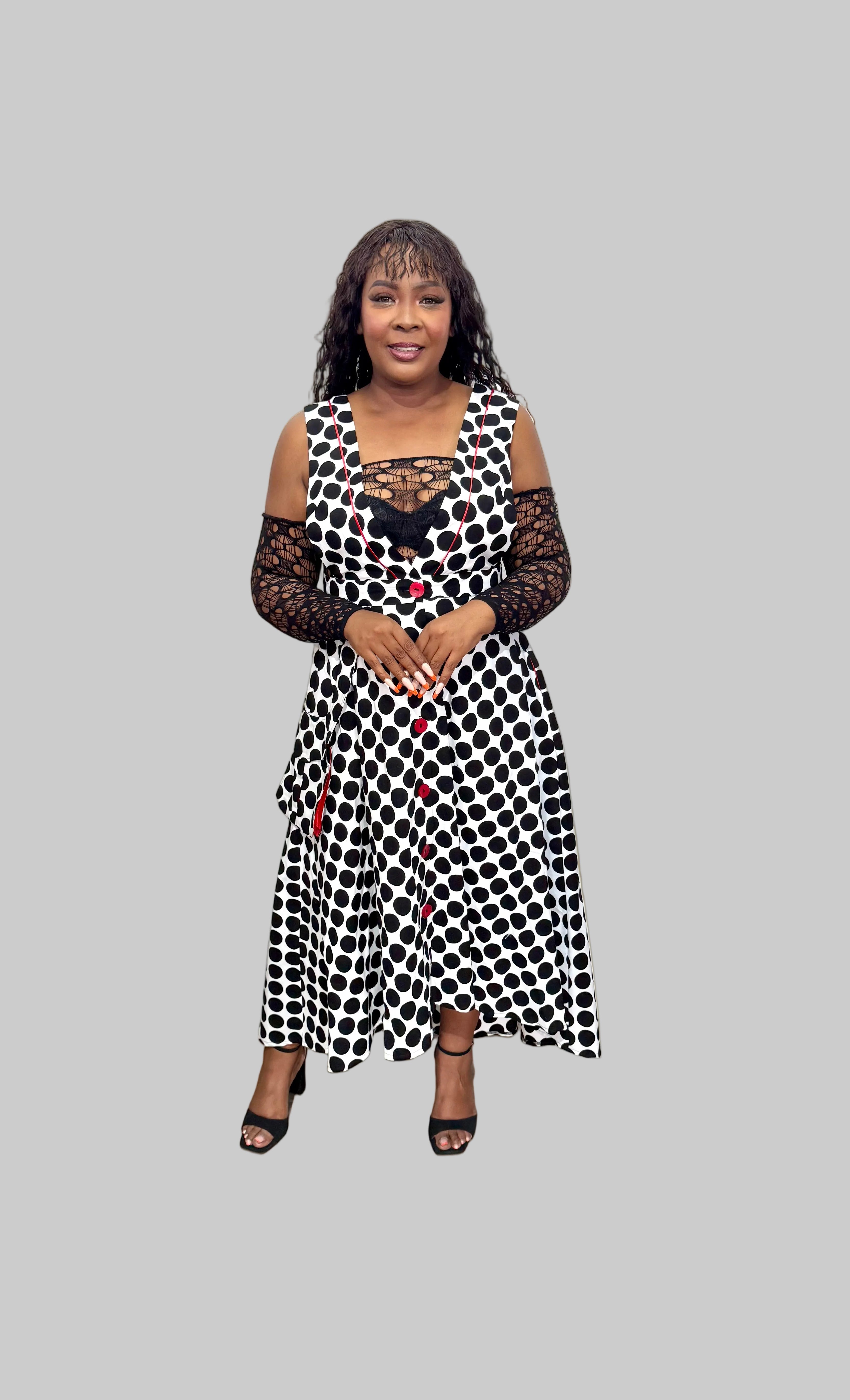 FR1092 BLACK/WHITE POLKA DOT DUNGAREE SKIRT