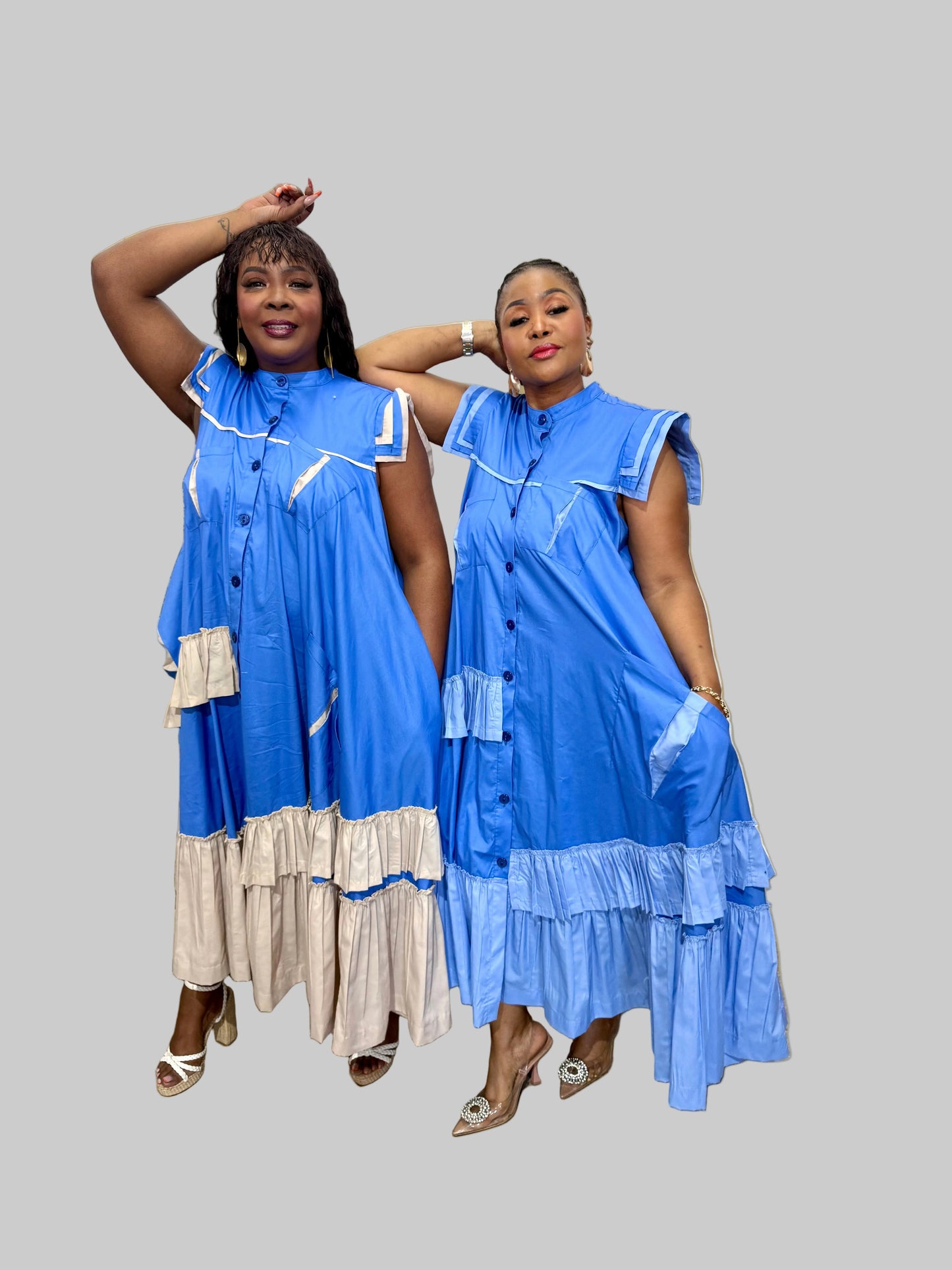 FR1094 BLUE/STONE MAXI FRILLED NAOMI DRESS