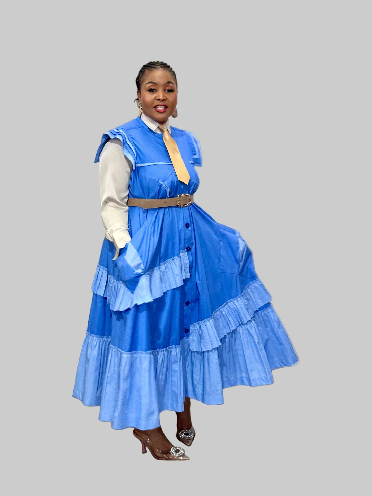 FR1094 BLUE/STONE MAXI FRILLED NAOMI DRESS