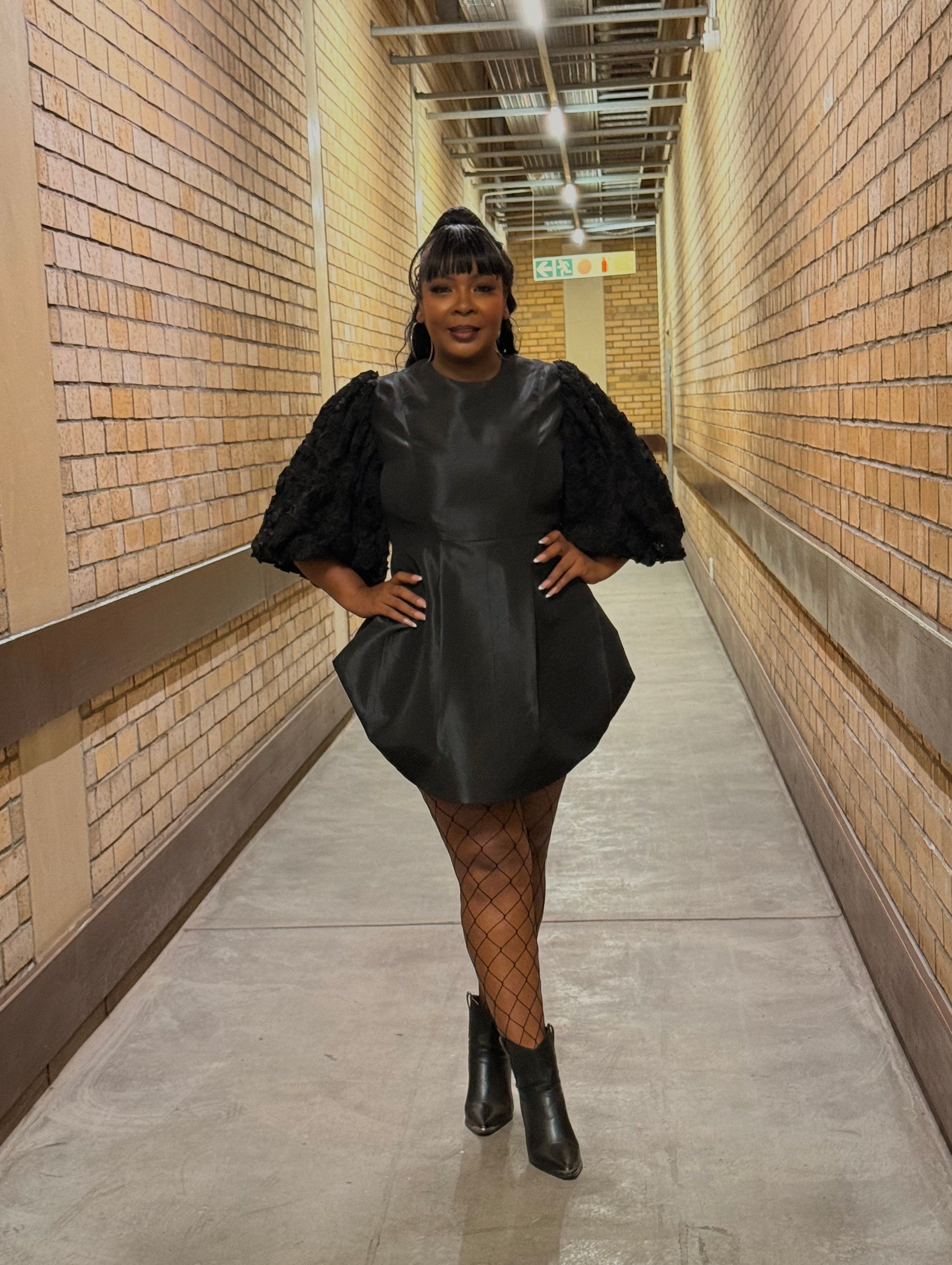 FR1109 BLACK MINI DRESS WITH PUFFY LACE SLEEVES