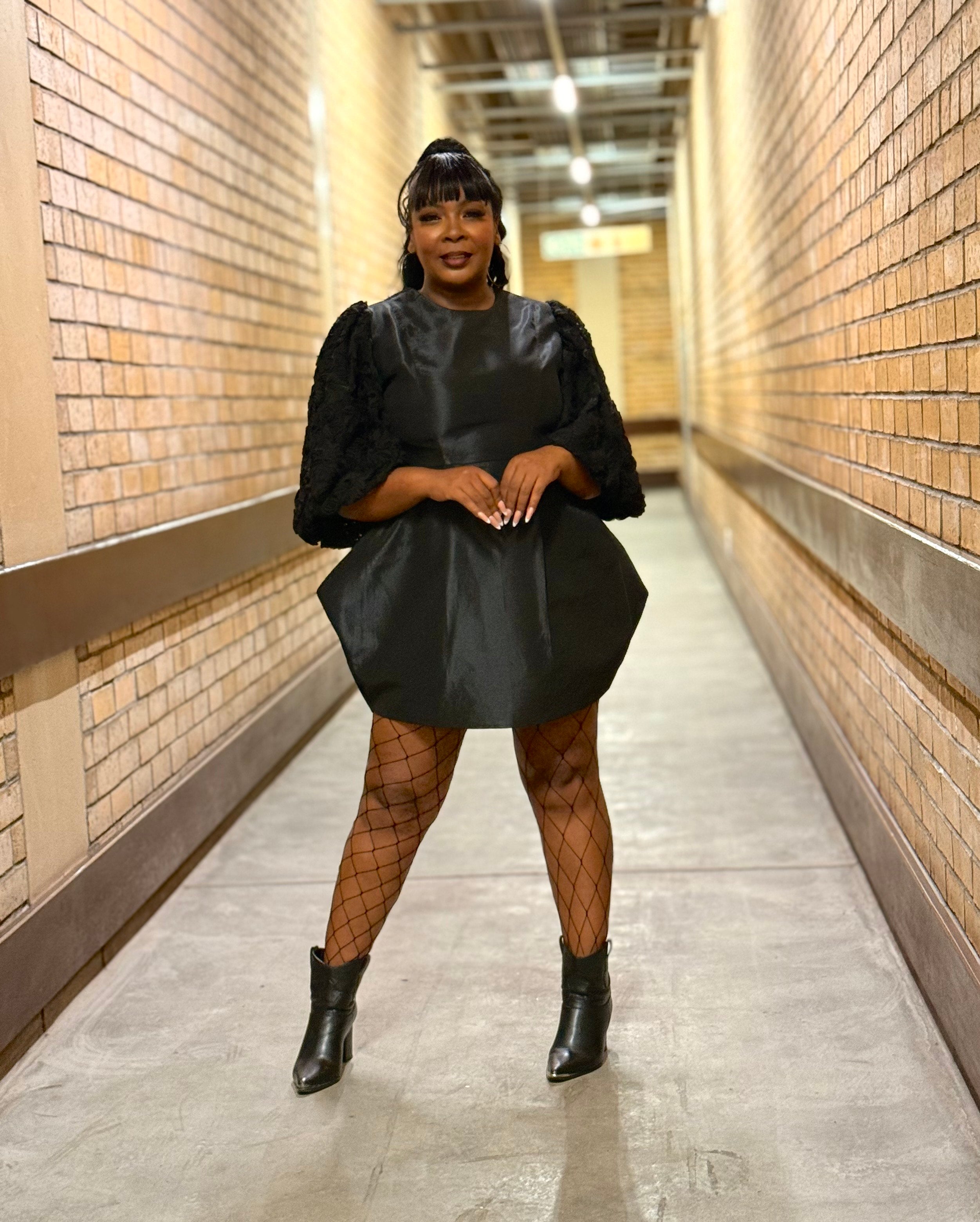 FR1109 BLACK MINI DRESS WITH PUFFY LACE SLEEVES