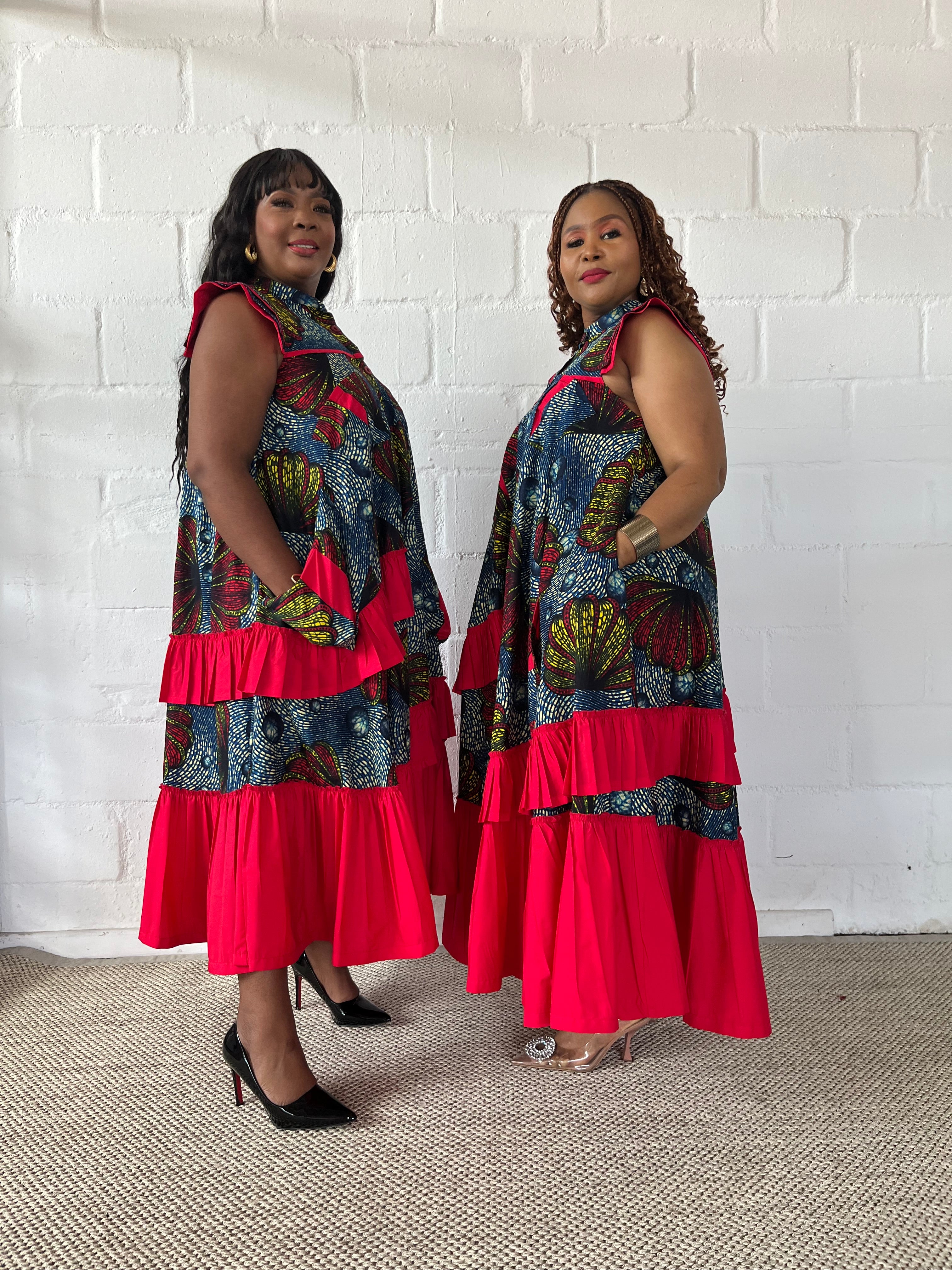 FRA96 BLUE/RED ANKARA MAXI FRILLED NAOMI DRESS