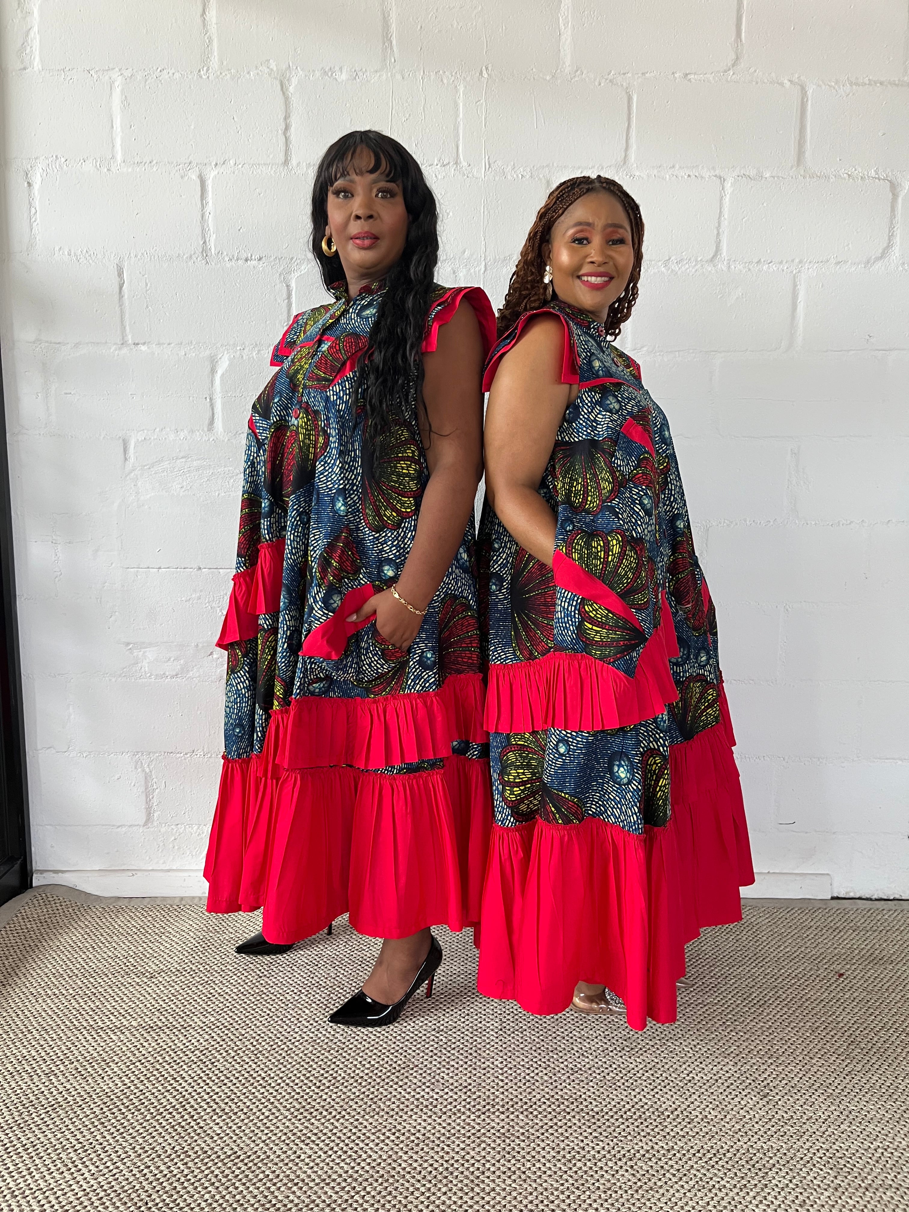 FRA96 BLUE/RED ANKARA MAXI FRILLED NAOMI DRESS