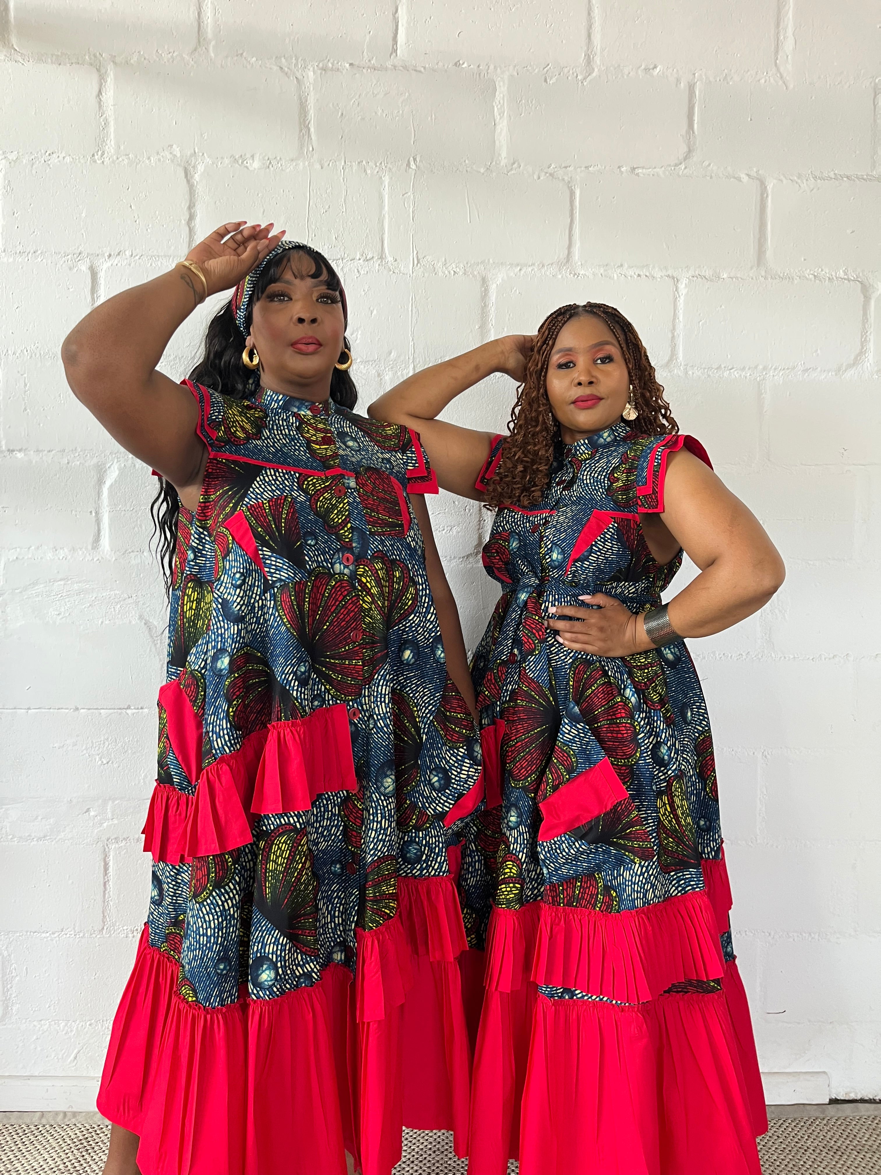 FRA96 BLUE/RED ANKARA MAXI FRILLED NAOMI DRESS