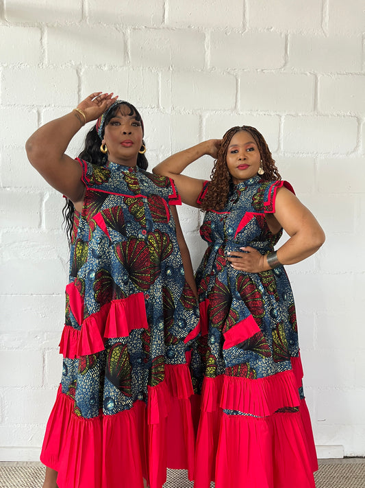 FRA96 BLUE/RED ANKARA MAXI FRILLED NAOMI DRESS