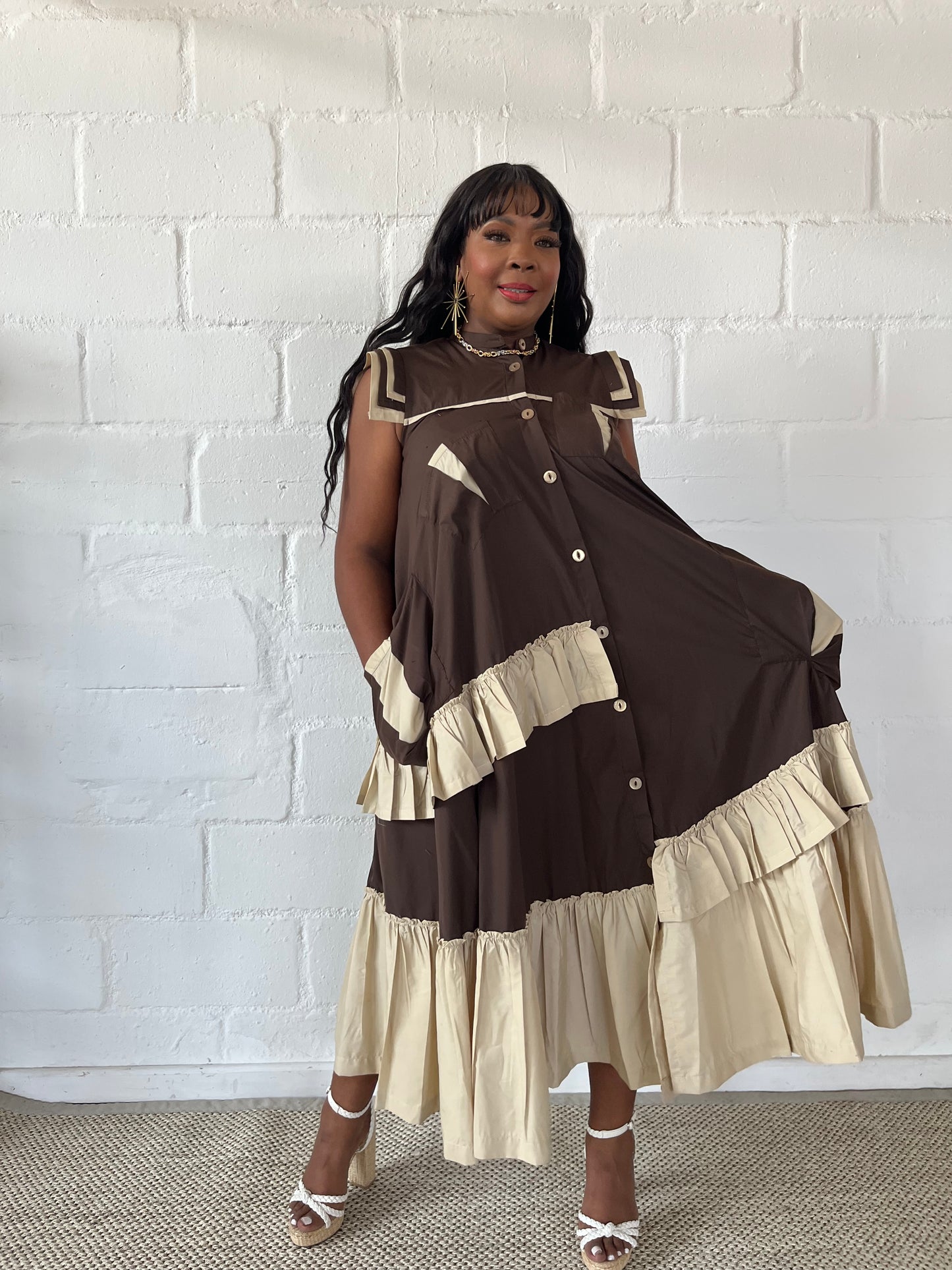 FR1100 BROWN/STONE MAXI FRILLED NAOMI DRESS