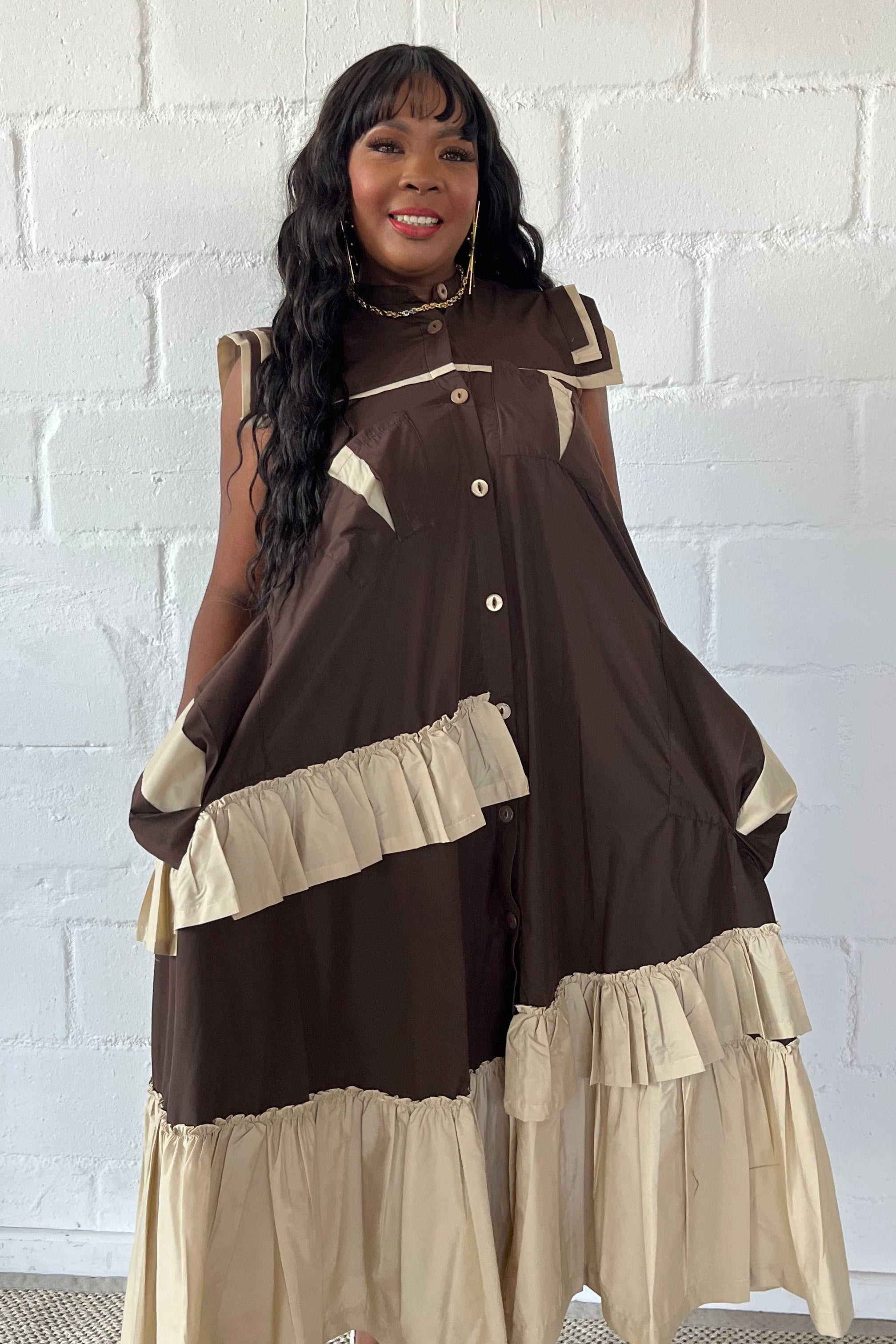 FR1100 BROWN/STONE MAXI FRILLED NAOMI DRESS