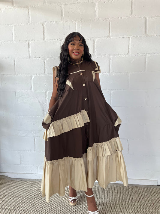 FR1100 BROWN/STONE MAXI FRILLED NAOMI DRESS