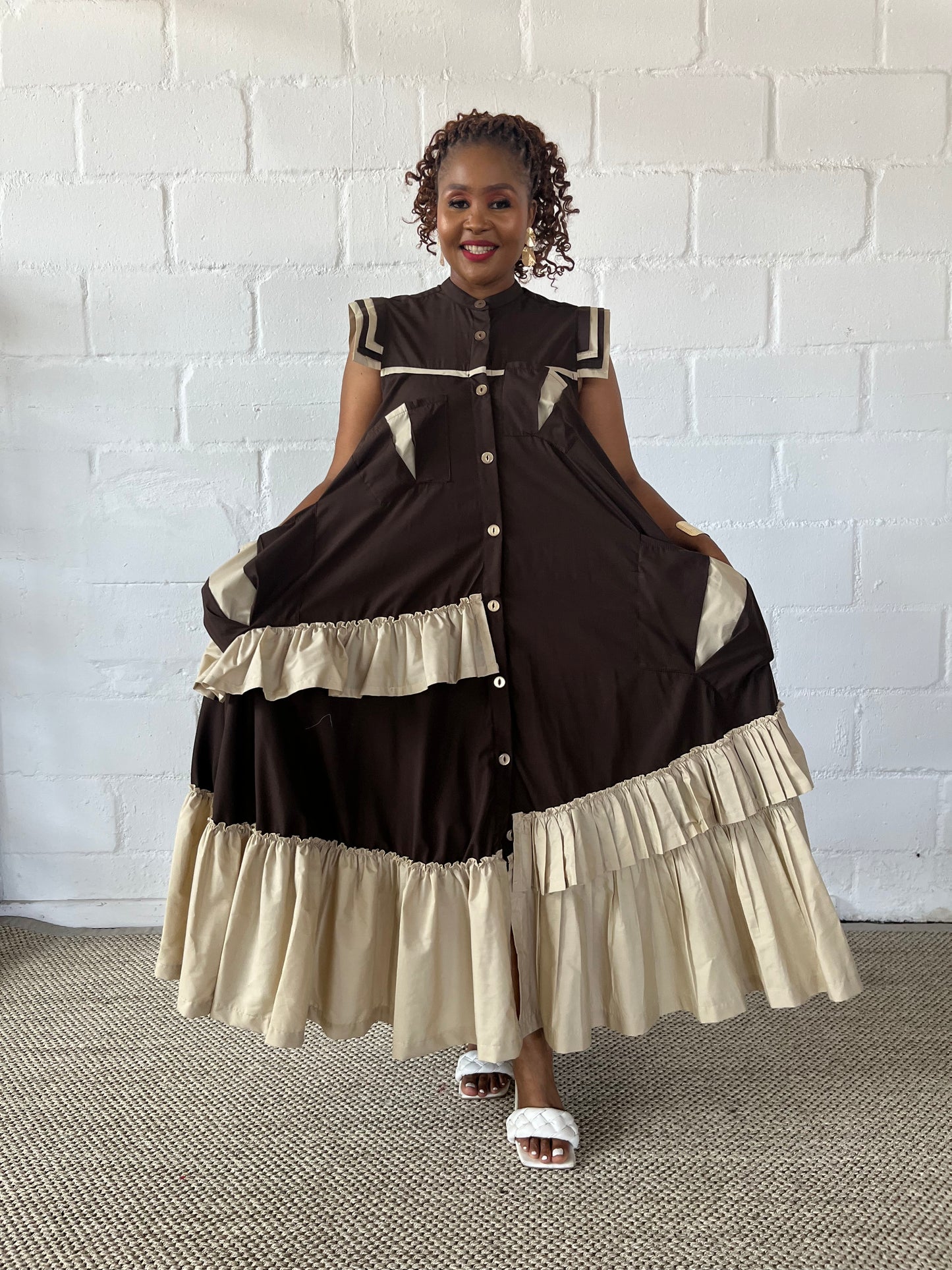 FR1100 BROWN/STONE MAXI FRILLED NAOMI DRESS