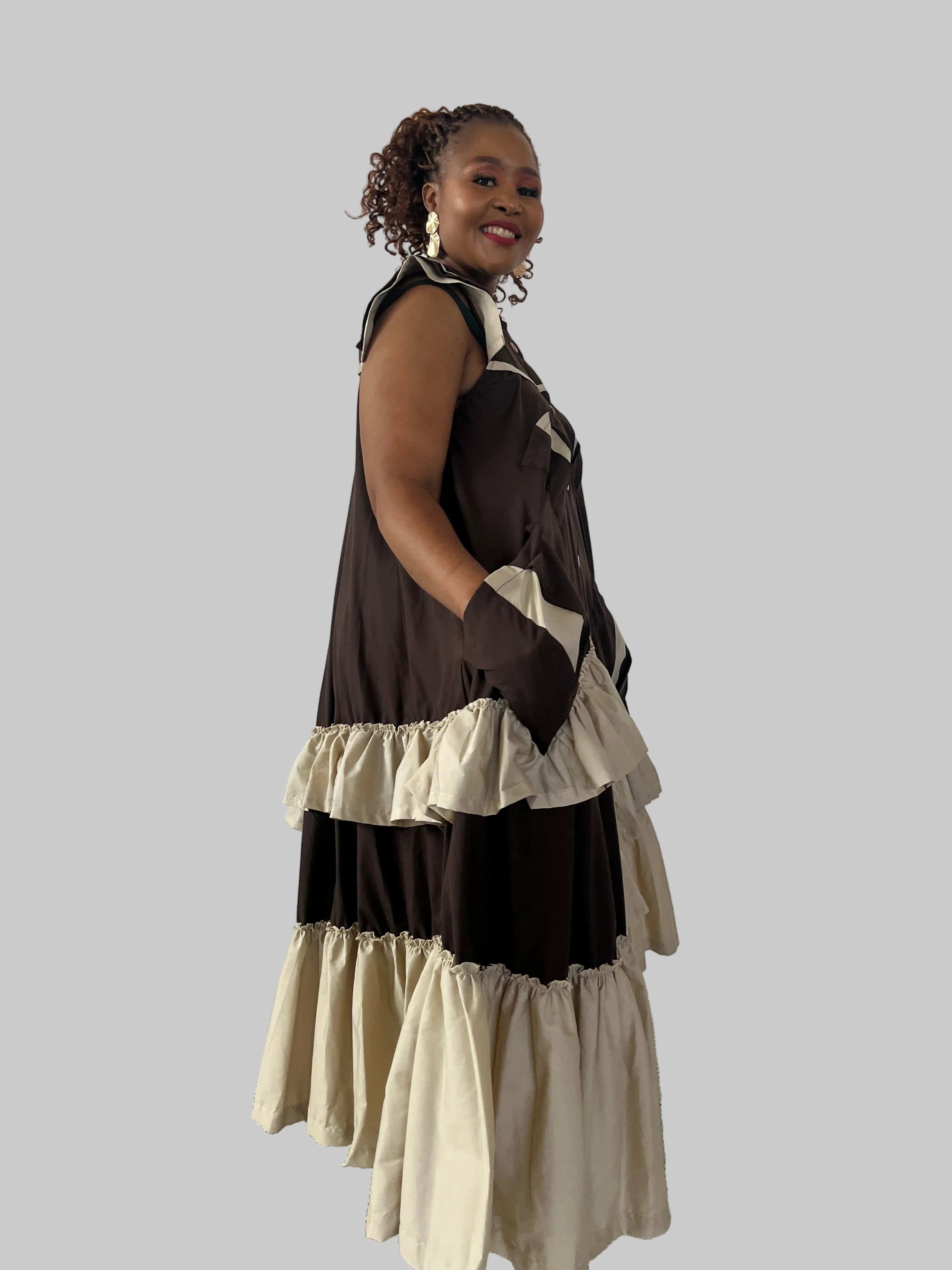 FR1100 BROWN/STONE MAXI FRILLED NAOMI DRESS
