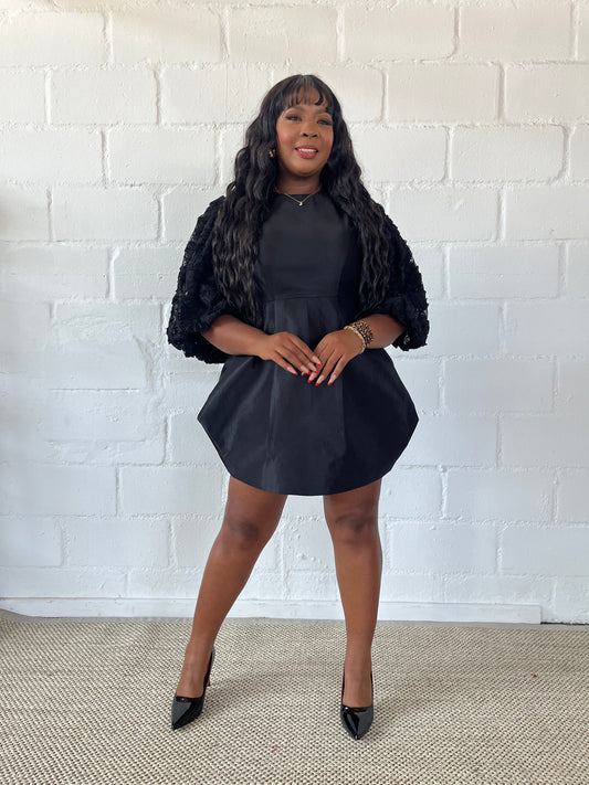 FR1109 BLACK MINI DRESS WITH PUFFY LACE SLEEVES