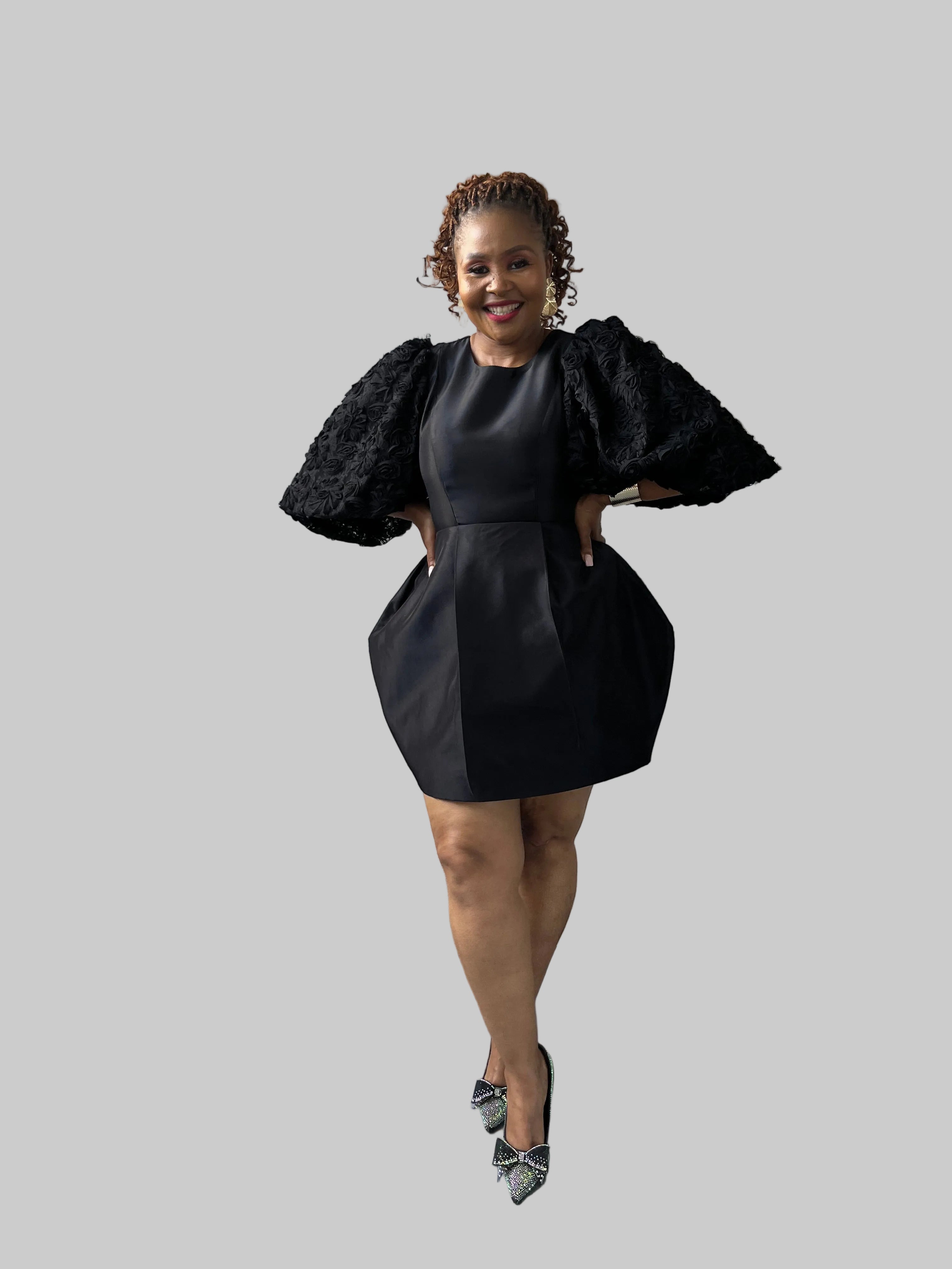 FR1109 BLACK MINI DRESS WITH PUFFY LACE SLEEVES