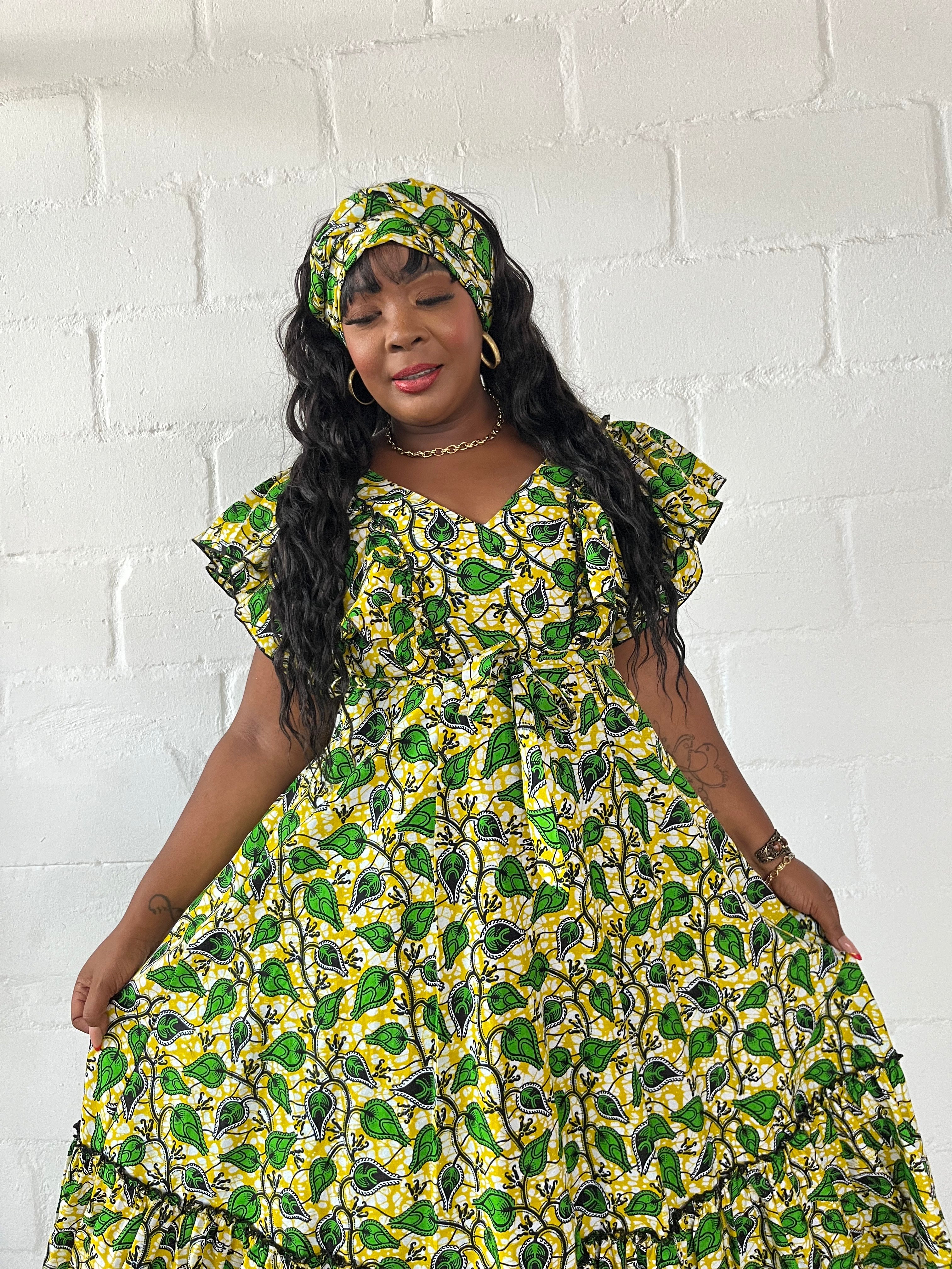 FRA95 CREAM/GREEN ANKARA MAXI LEA DRESS