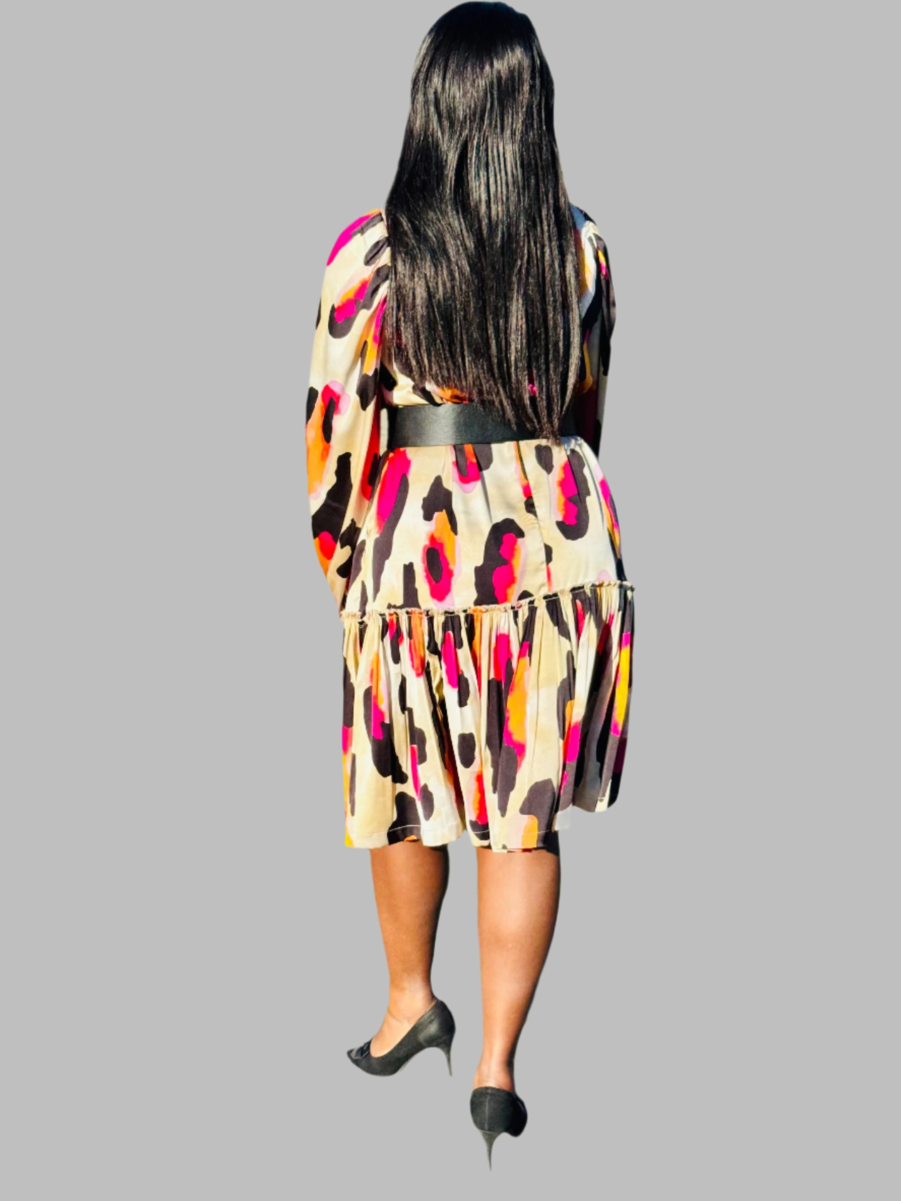 FR1066 NUDE/BLACK/PINK /ORANGE MIDI NOLAN DRESS