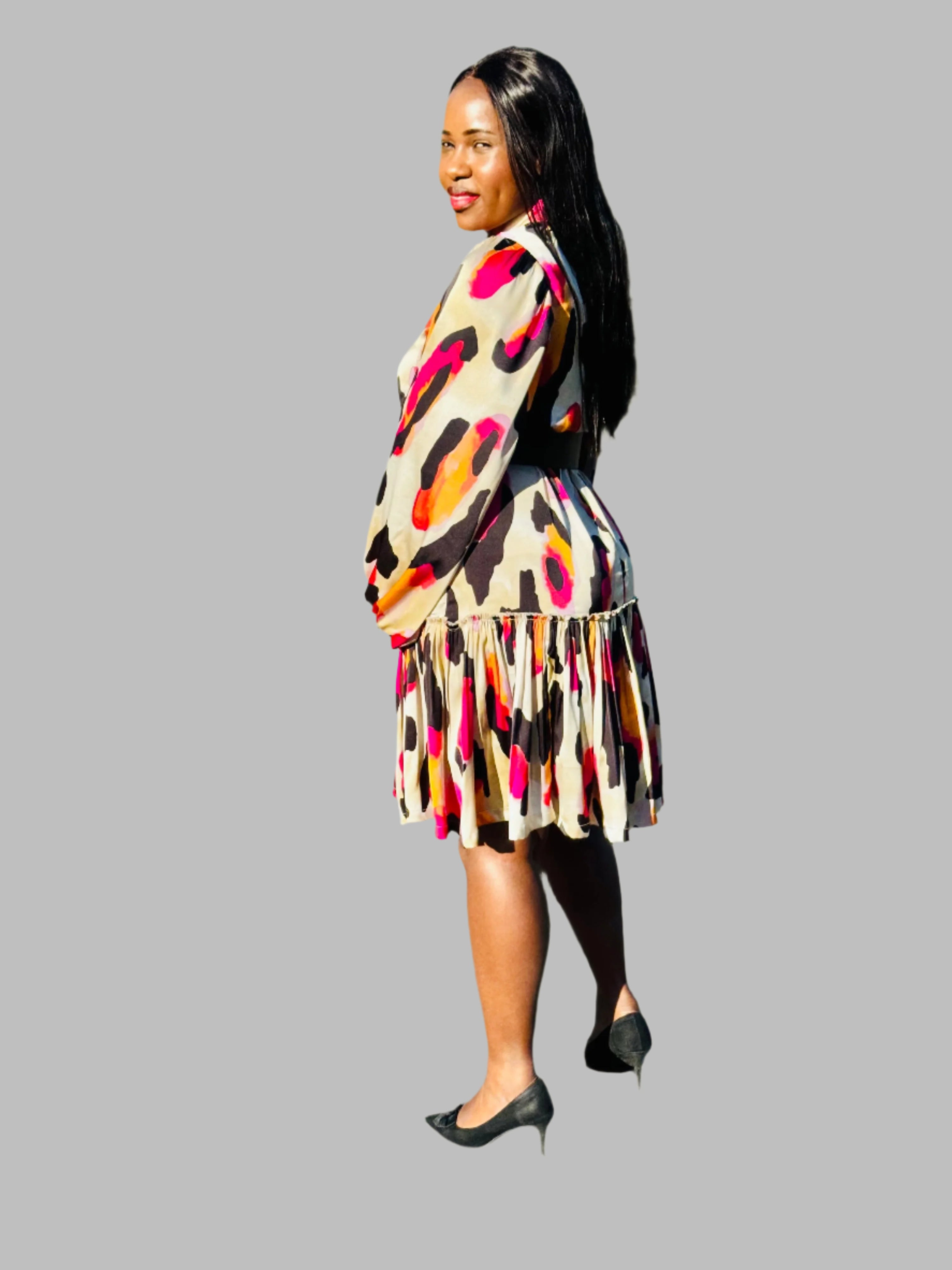 FR1066 NUDE/BLACK/PINK /ORANGE MIDI NOLAN DRESS