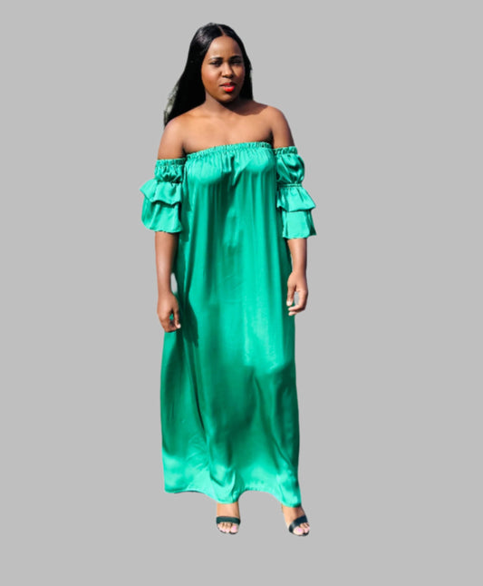 GREEN OFF SHOULDER MAXI DRESS