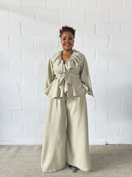 FR1107 SET OF WIDE PANTS & CROSSOVER COLLAR TOP