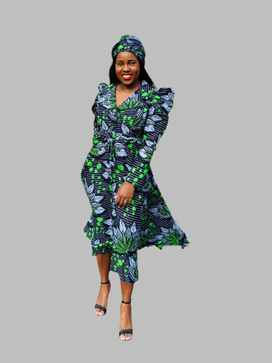 FRA83 NAVY /GREEN LONG SLEEVED MIDI SHIRT DRESS