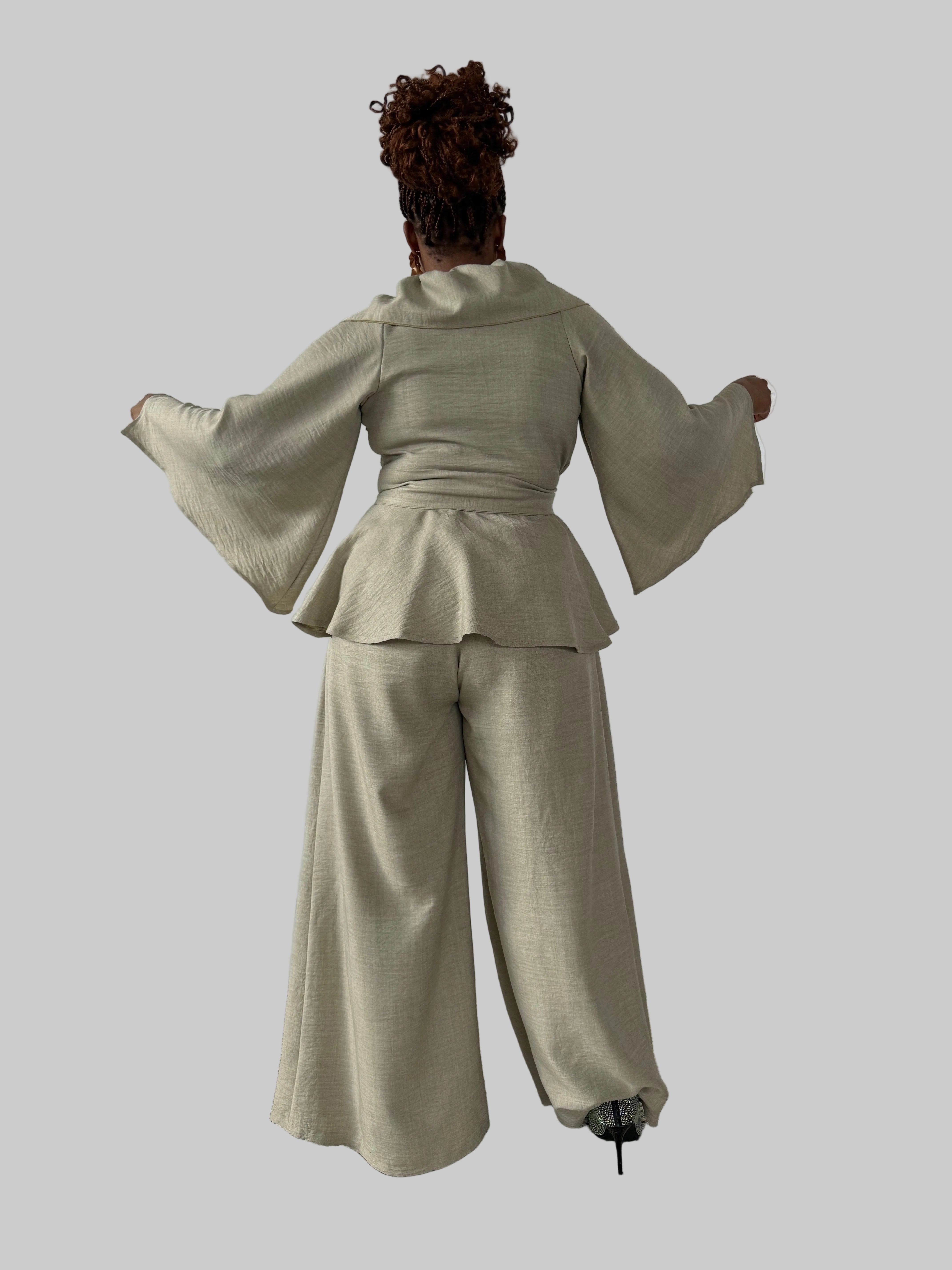 FR1107 SET OF WIDE PANTS & CROSSOVER COLLAR TOP