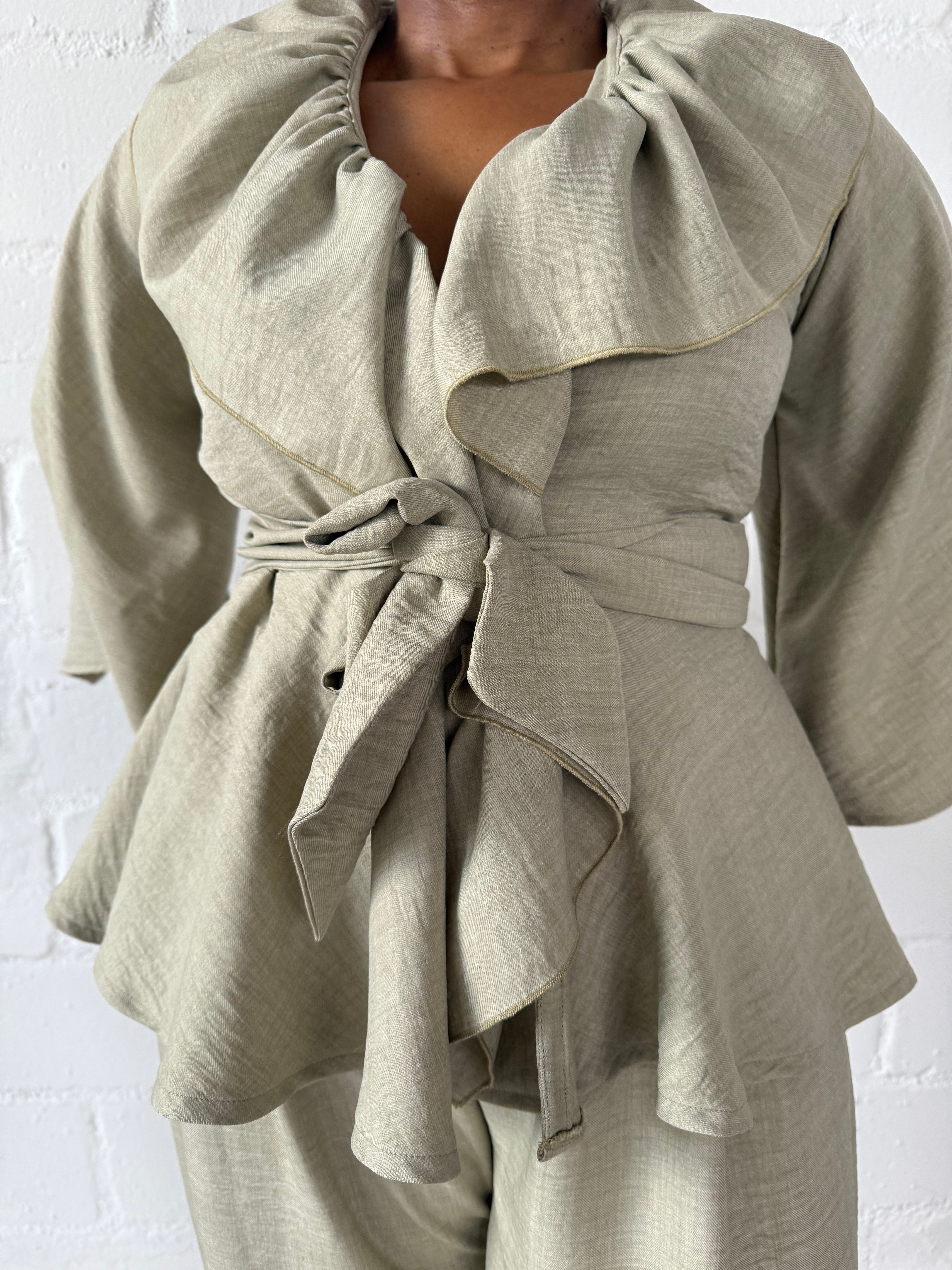 FR1107 SET OF WIDE PANTS & CROSSOVER COLLAR TOP