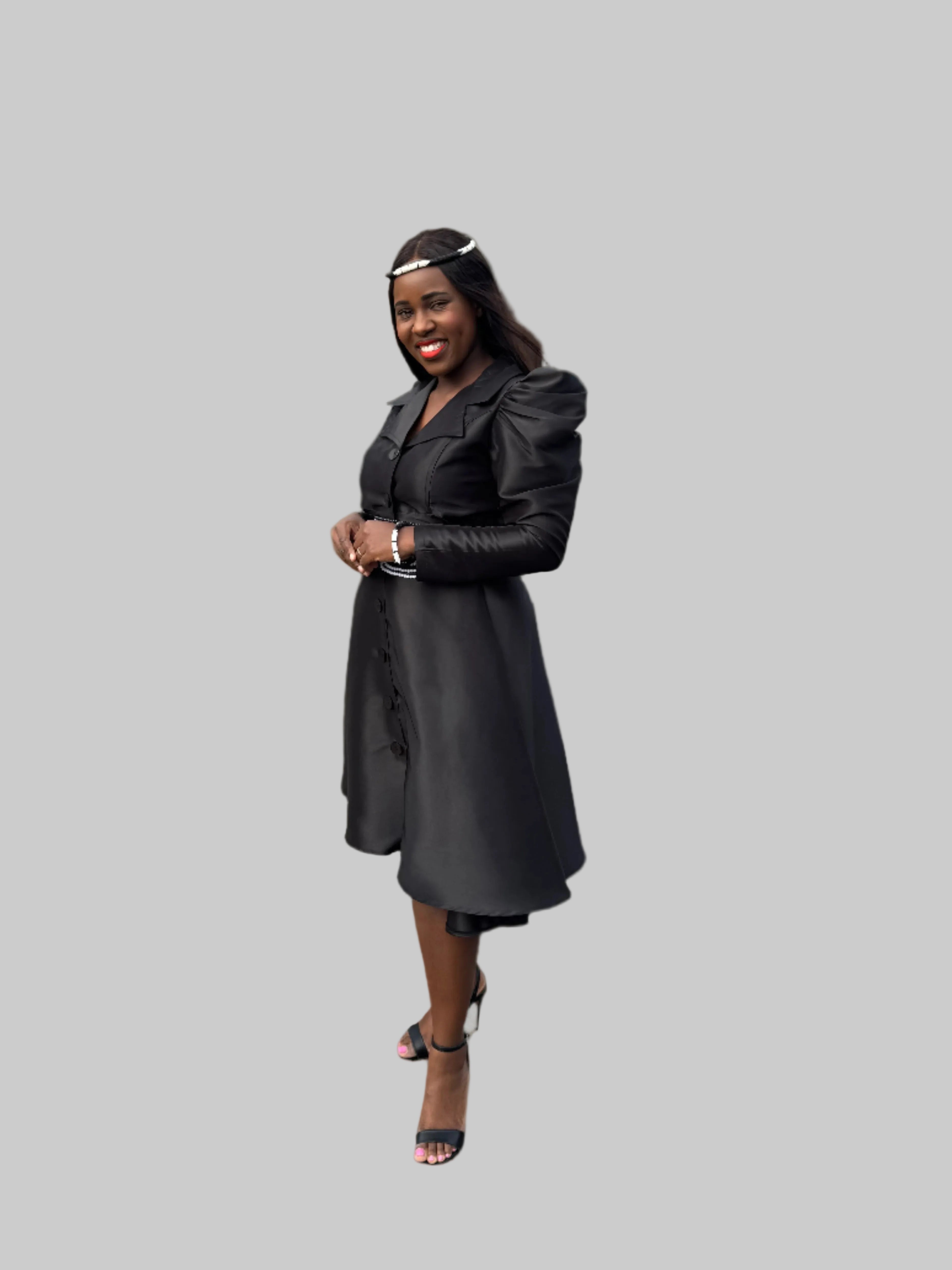 FR1065 BLACK LONG SLEEVED DUTCHESS DRESS