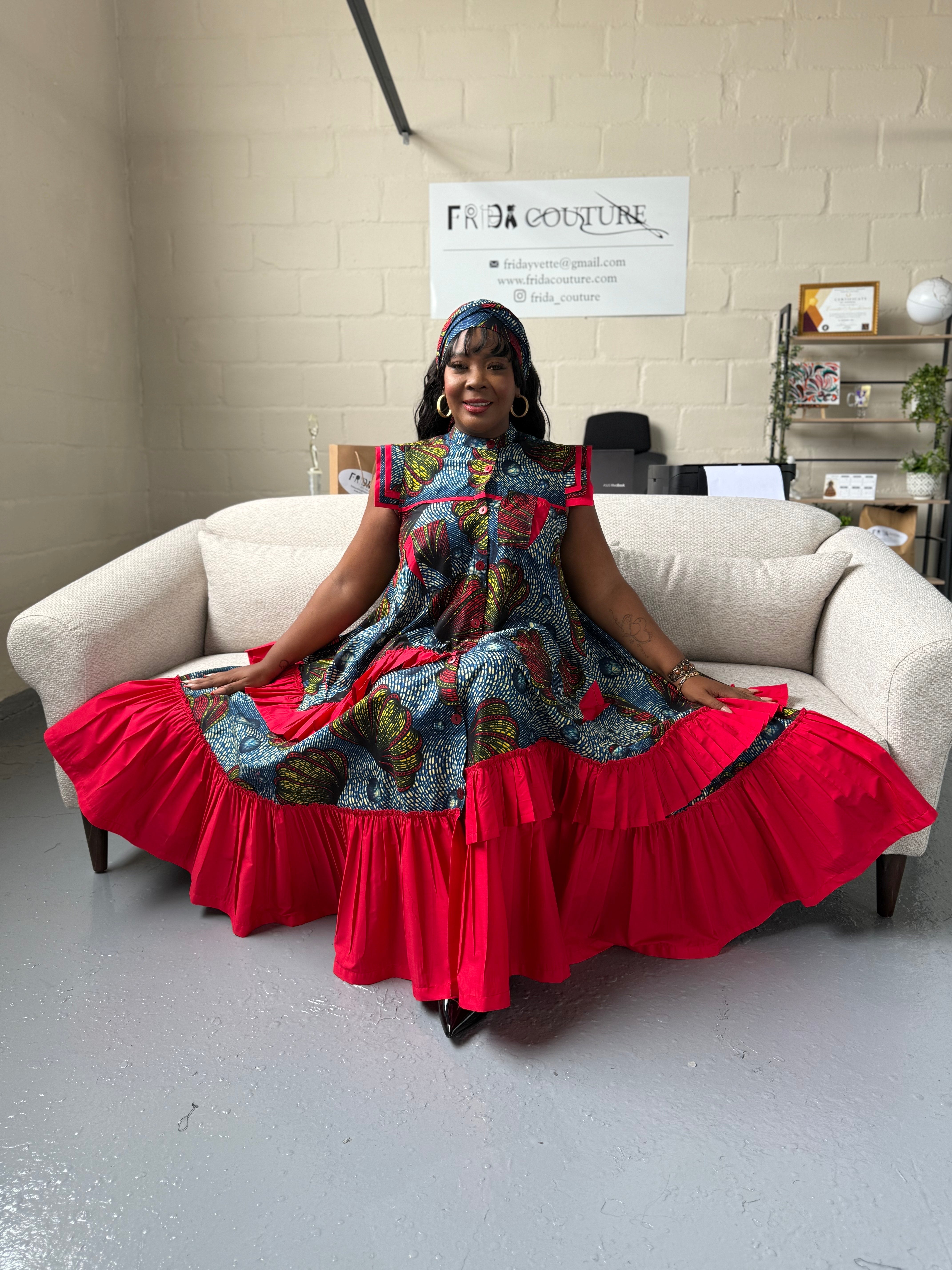 FRA96 BLUE/RED ANKARA MAXI FRILLED NAOMI DRESS