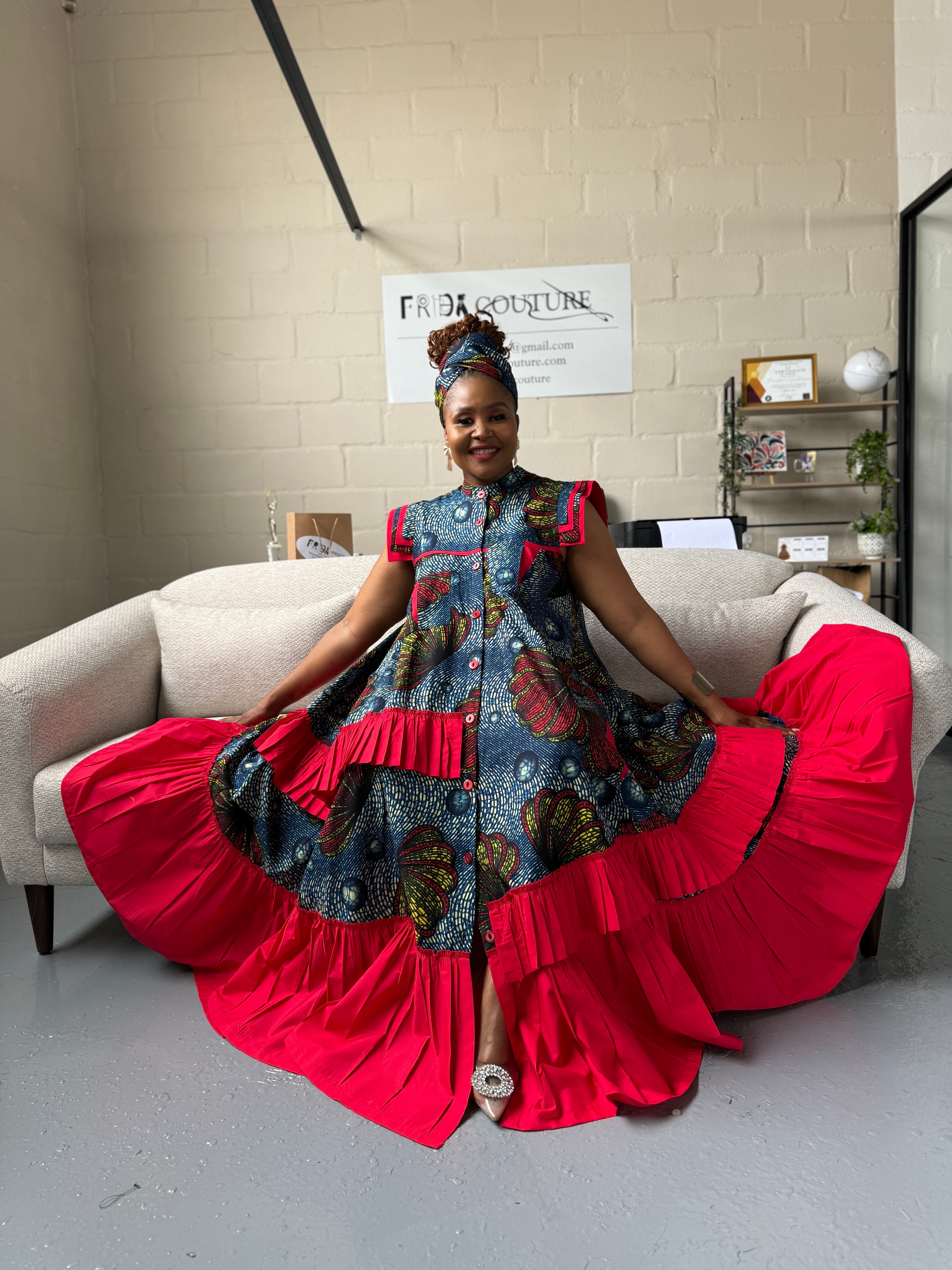 FRA96 BLUE/RED ANKARA MAXI FRILLED NAOMI DRESS