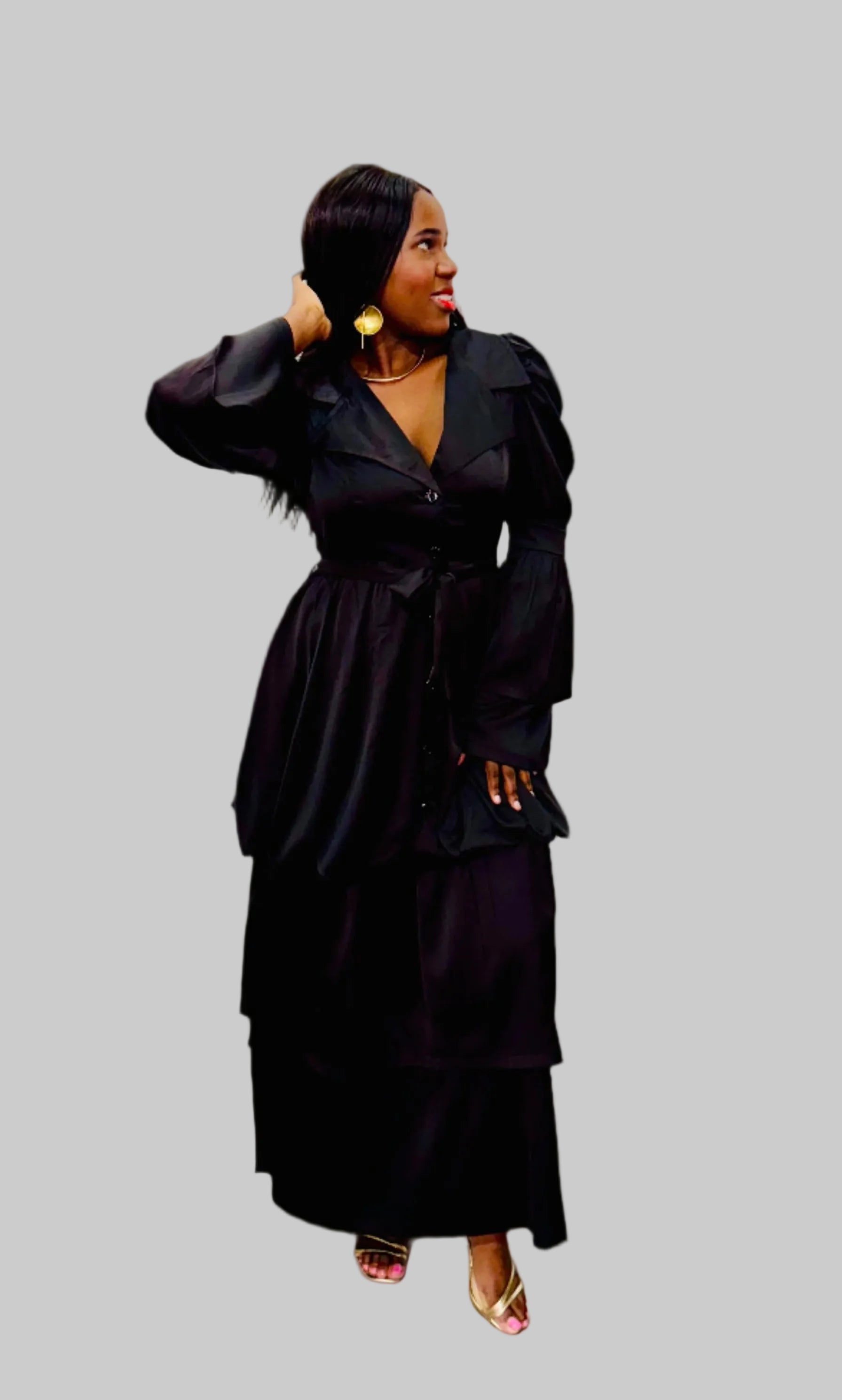 FR1074 BLACK BUBBLE FRILLED DRESS