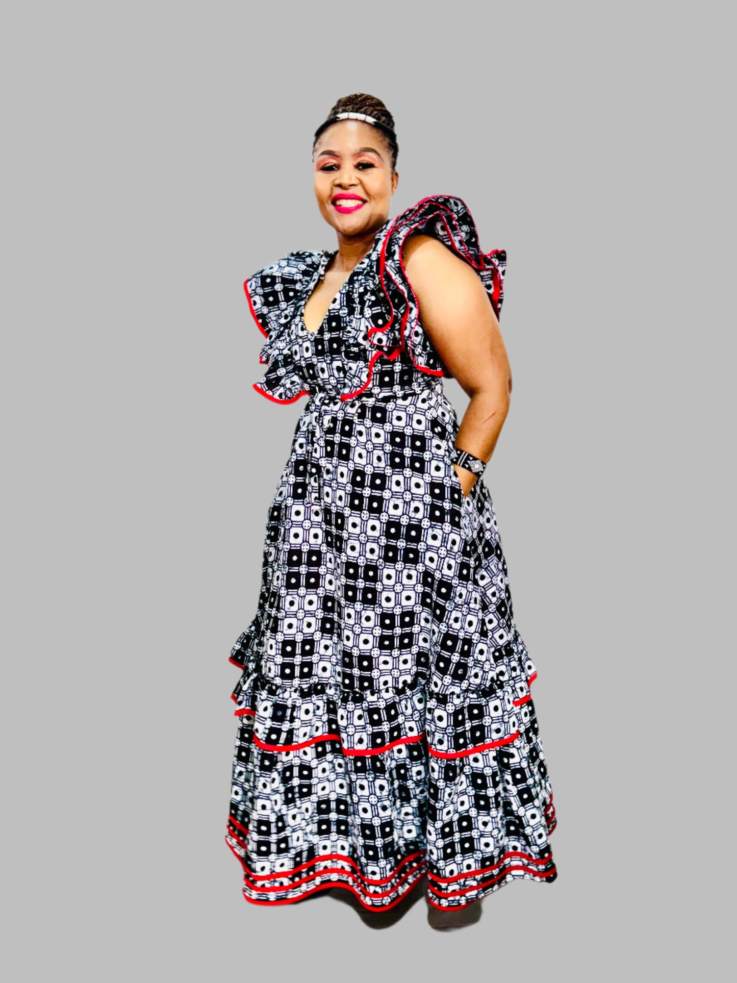 FRA89 BLACK/WHITE/RED CONTRASTED MAXI LEA DRESS