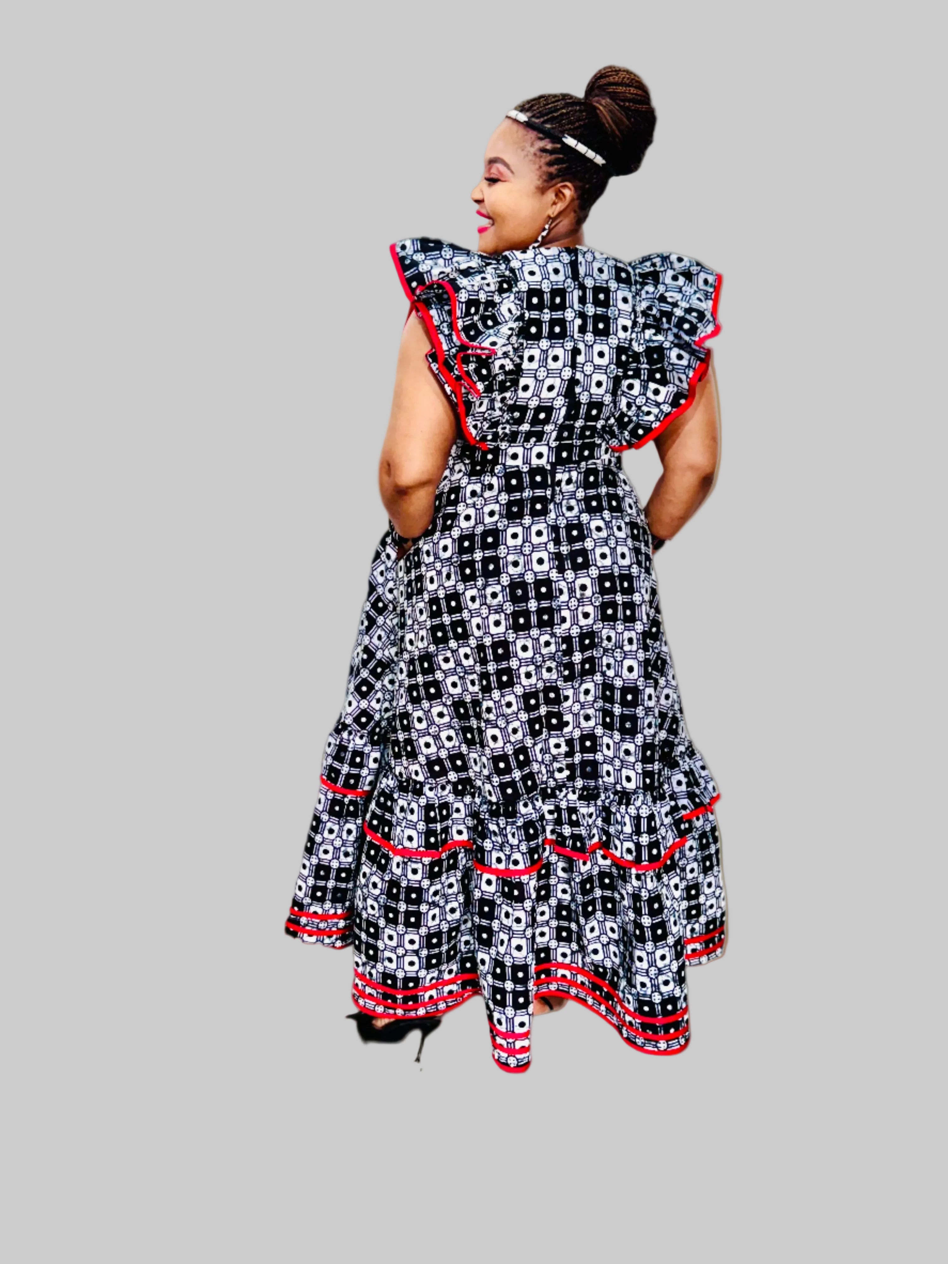 FRA89 BLACK/WHITE/RED CONTRASTED MAXI LEA DRESS