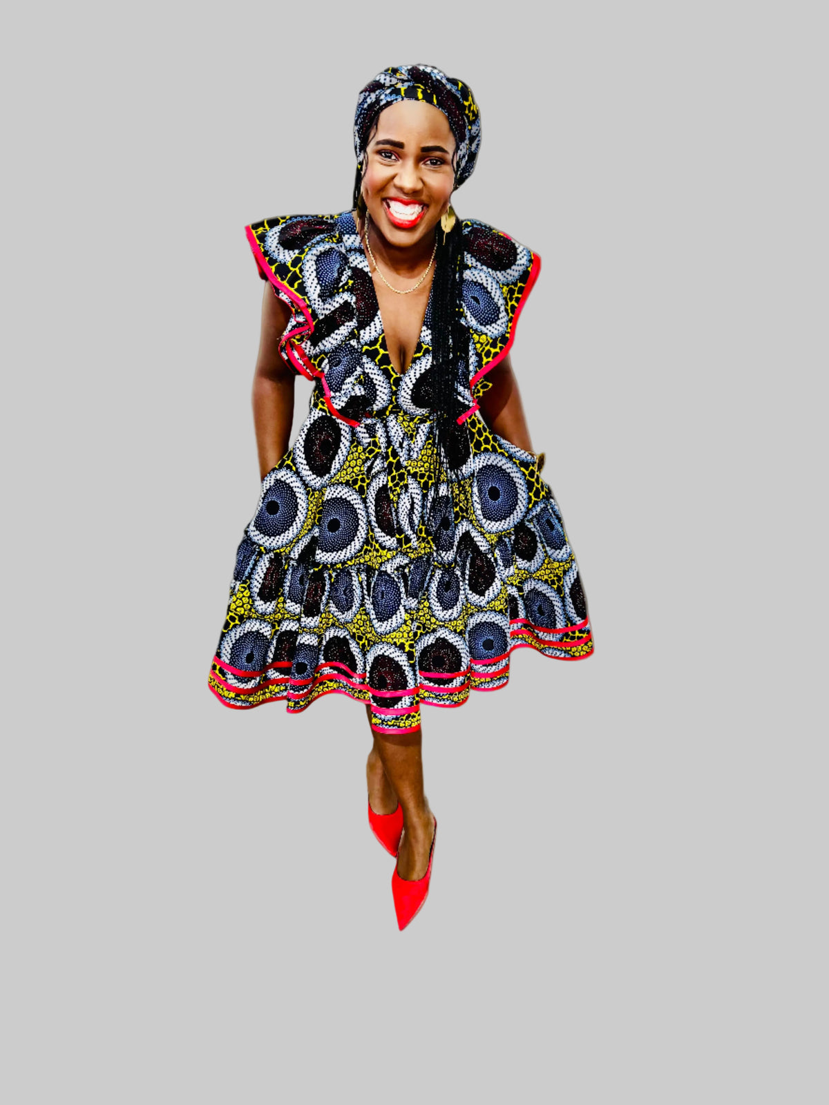 FRA86 MULTICOLOR/RED CONTRASTED LEA MIDI DRESS