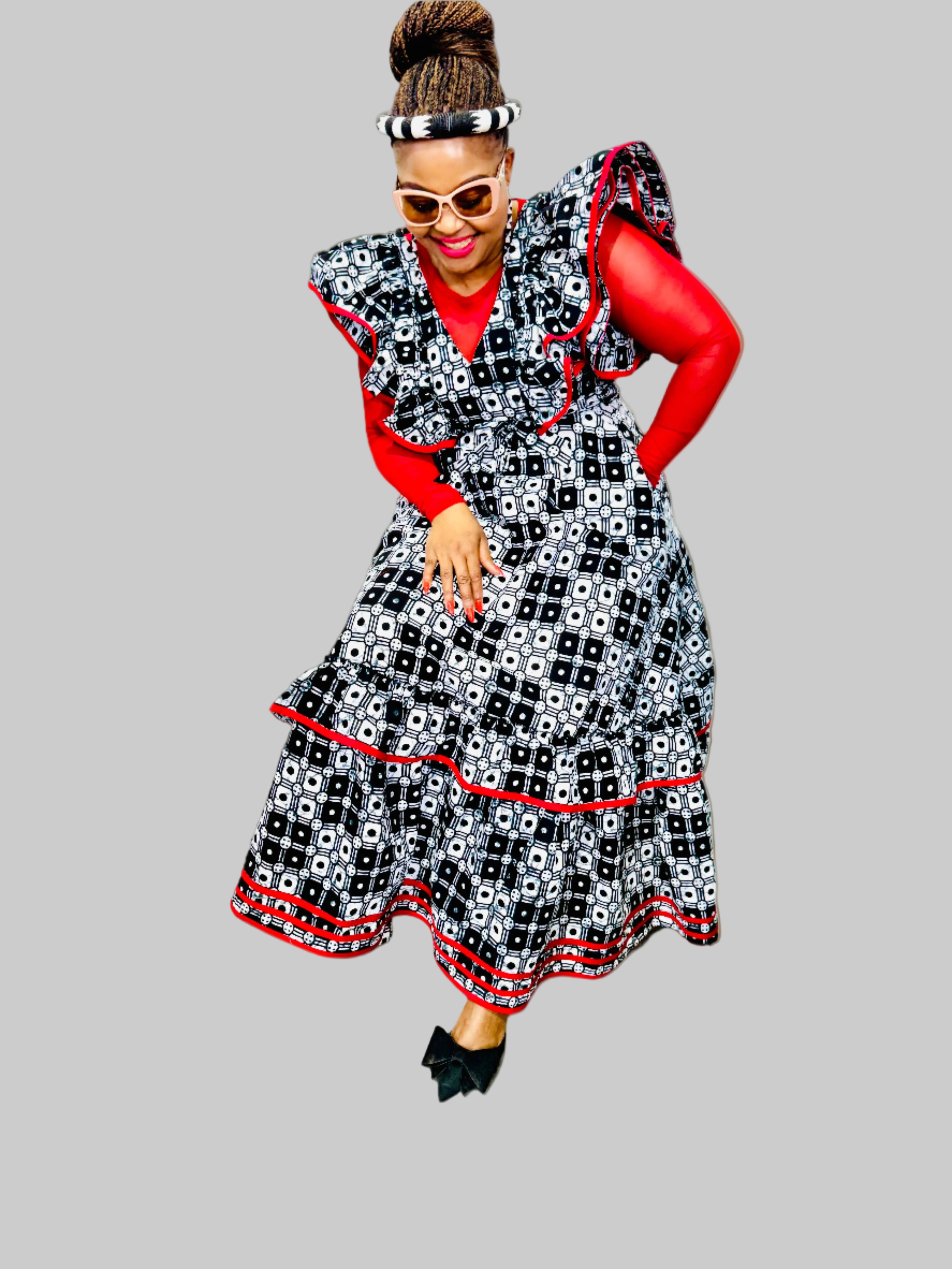 FRA89 BLACK/WHITE/RED CONTRASTED MAXI LEA DRESS