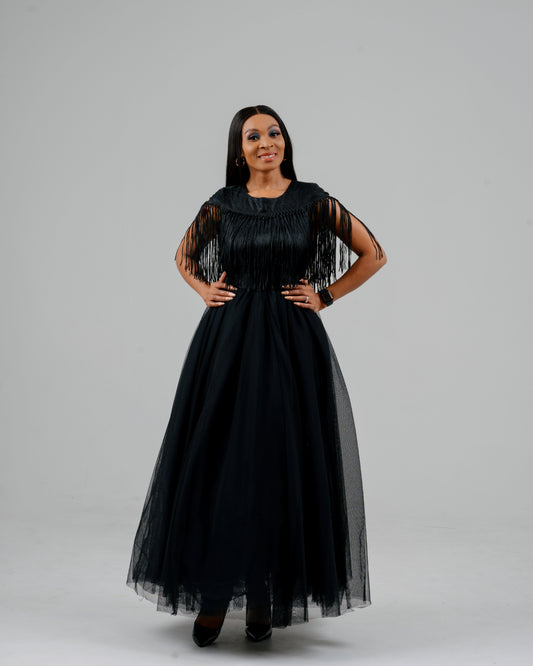 BLACK MAXI FLARED NET SKIRT