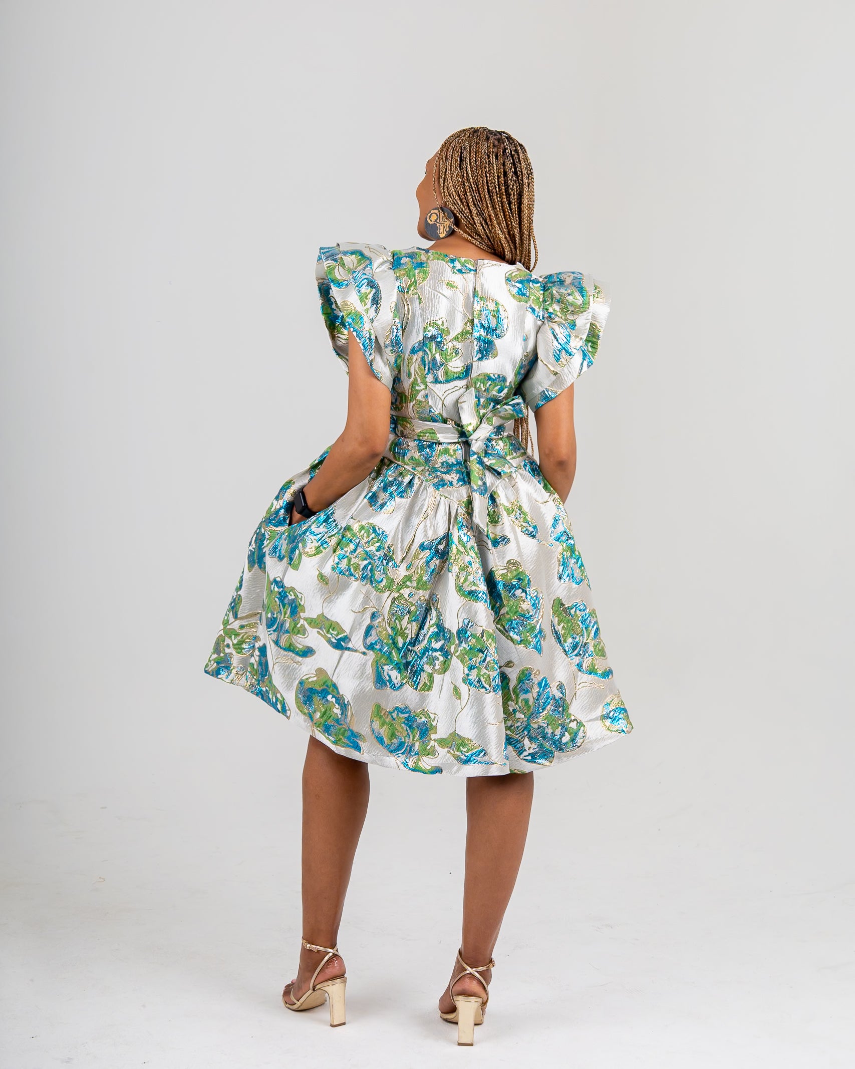 FR1022 GREEN/BLUE BROCADE VEE DRESS