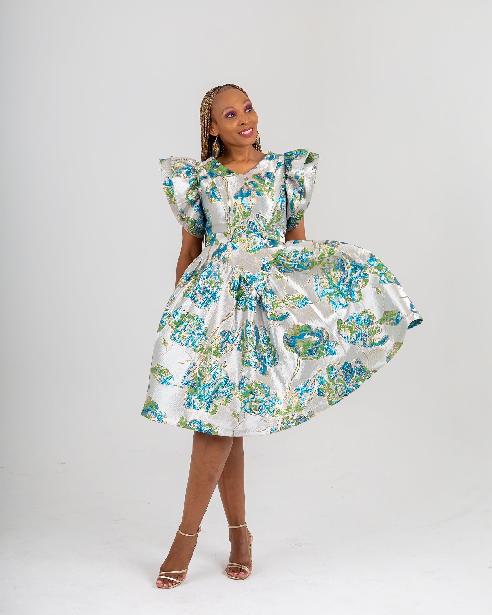 FR1022 GREEN/BLUE BROCADE VEE DRESS